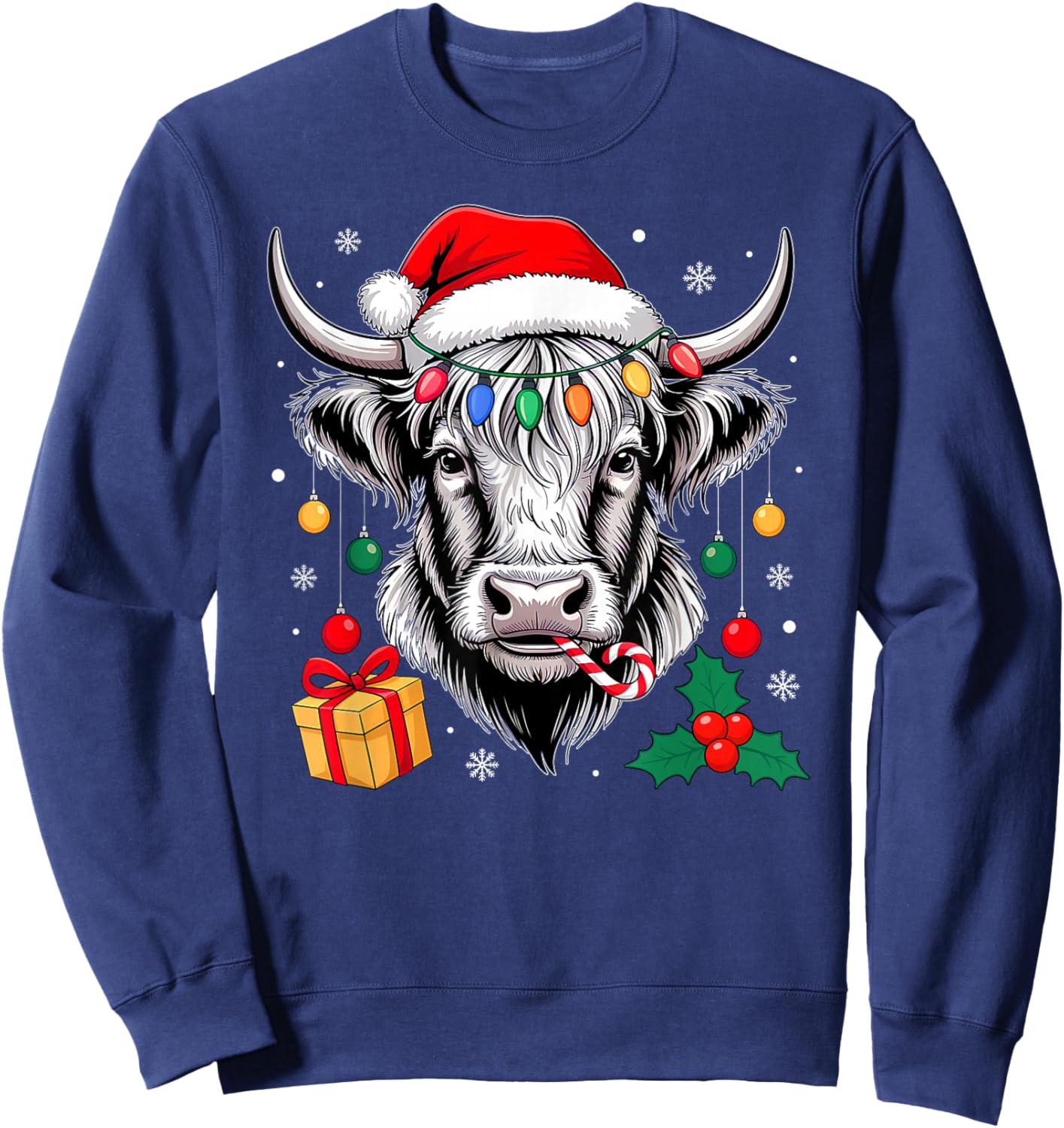 Cow Christmas Lights Santa Hat Family Matching Xmas Pajamas Sweatshirt - Sweatshirt | Navy
