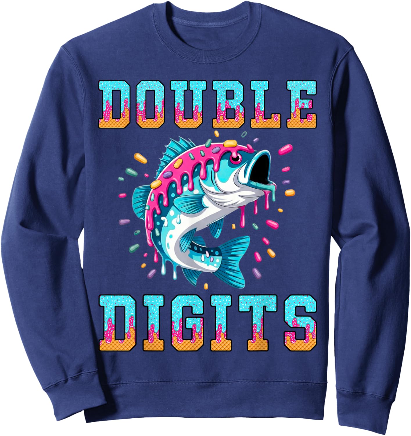 Fishing 10th Birthday Shirt Double Digits Ice Cream Drip Sweatshirt - Sweatshirt | Navy