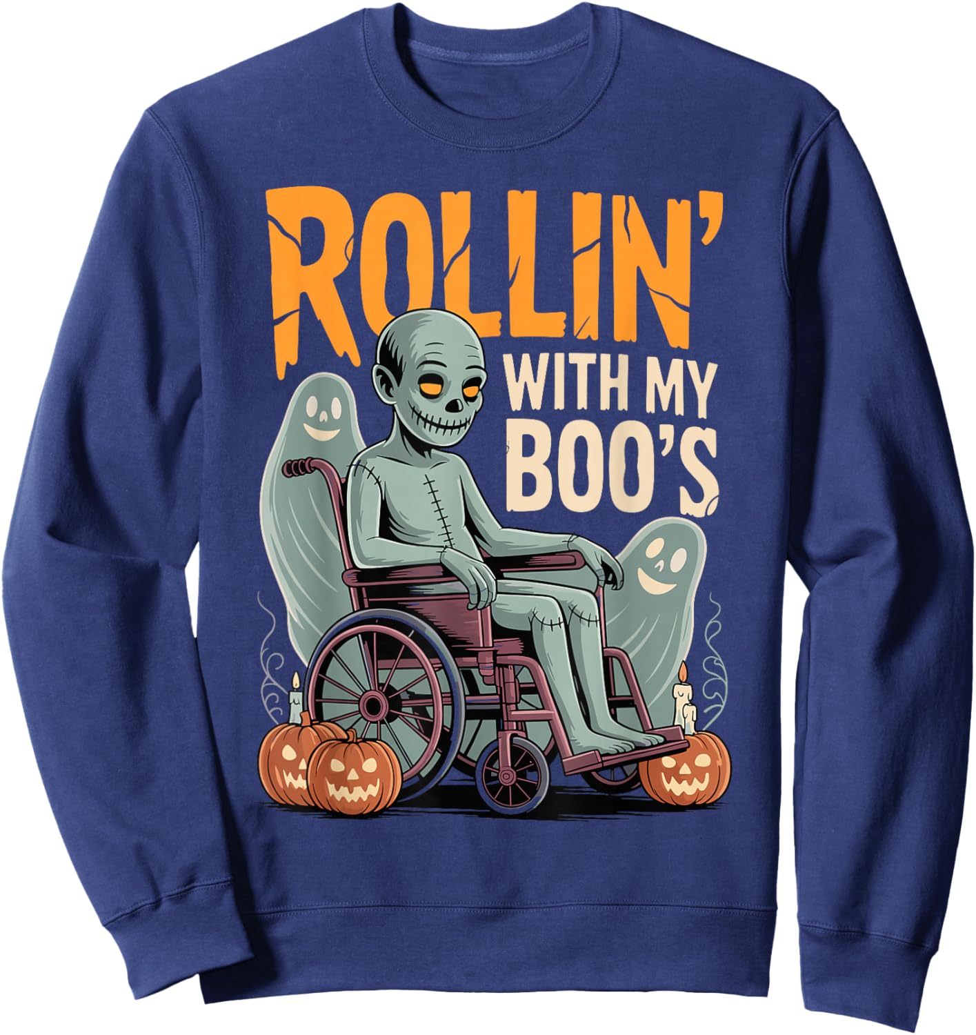 Halloween Wheelchair Costume Handicap Joke Rollin with Boo's Sweatshirt - Sweatshirt | Navy
