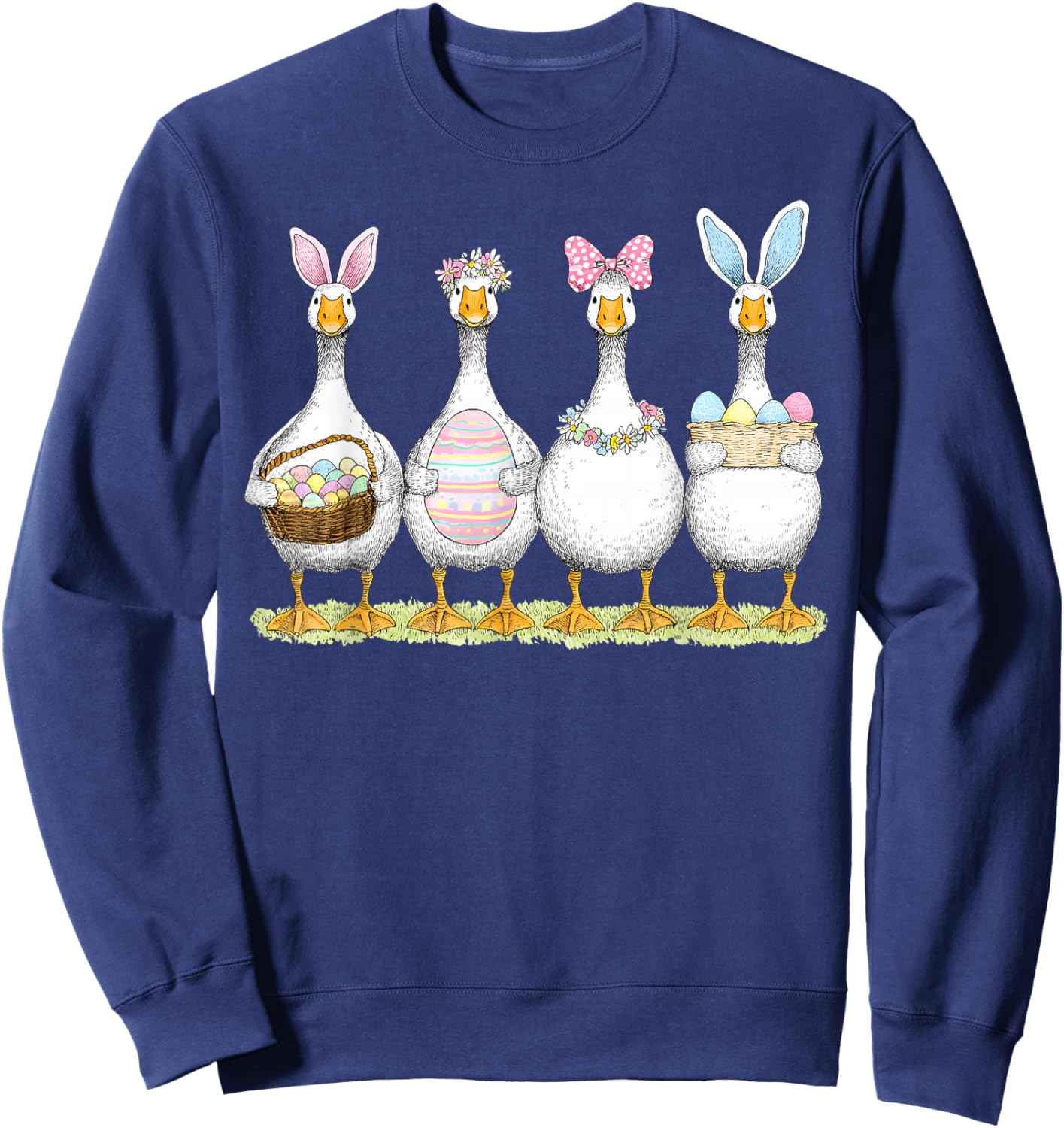 Happy Easter Cute Goose Bunny Ears Eggs Basket Girl Women Sweatshirt - Sweatshirt | Navy