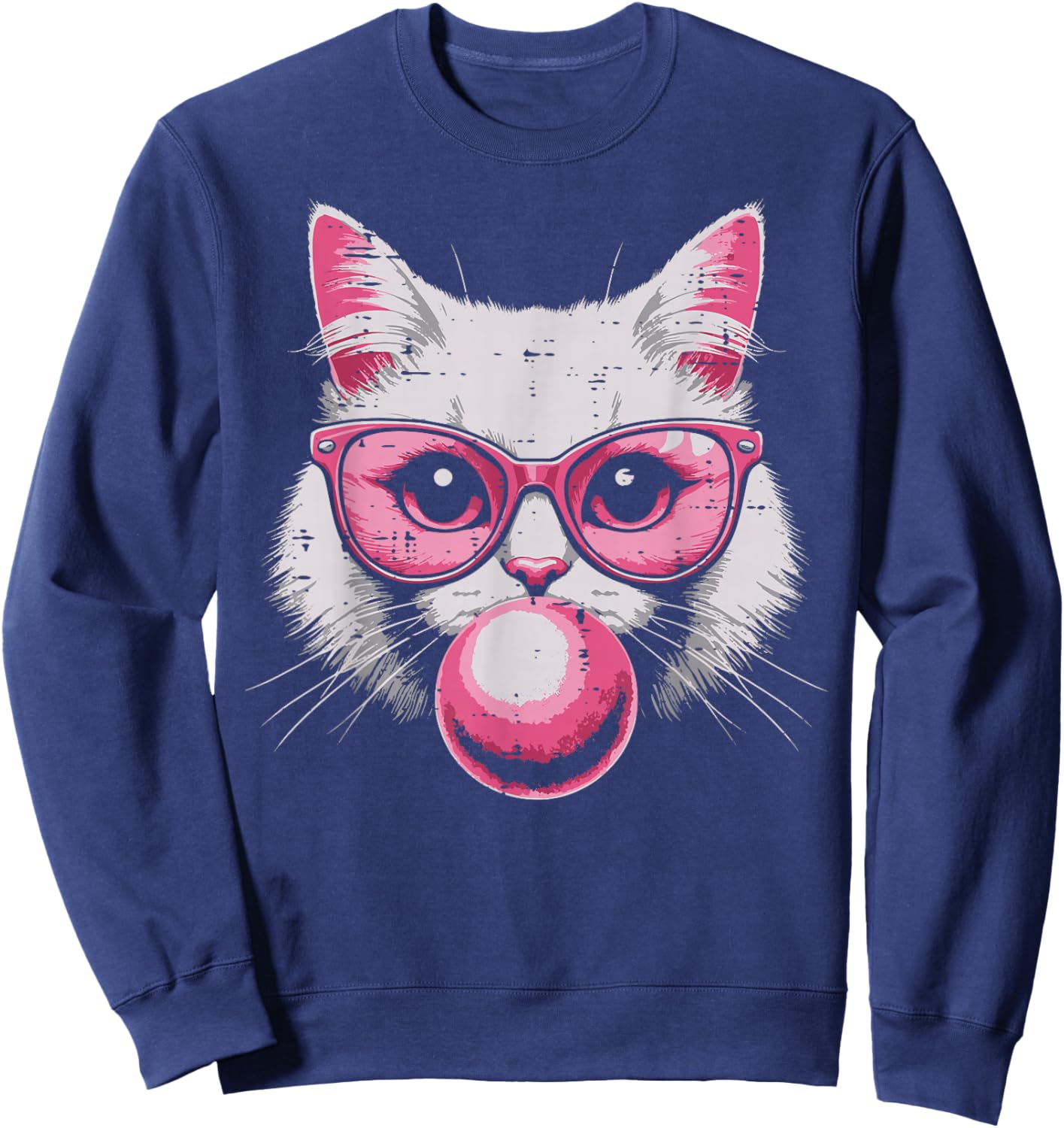 Cat Face Pink Glasses Bubble Gum Cute Kitty Women Girls Kids Sweatshirt - Sweatshirt | Navy