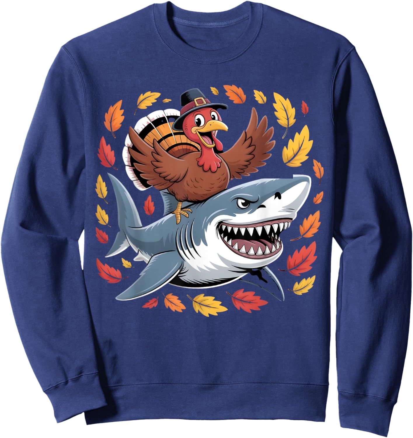 Thanksgiving Turkey Riding Shark Funny Autumn Boys Kids Sweatshirt - Sweatshirt | Navy