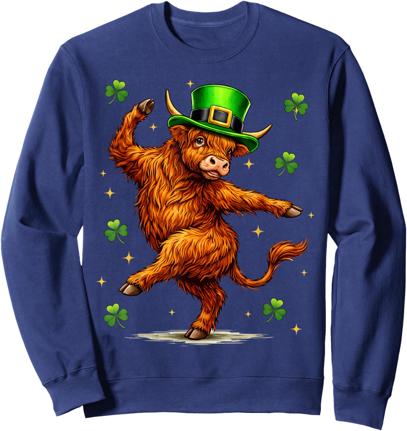 Highland Cow Dabbing St Patrick's Day Funny Shamrock Irish Sweatshirt - Sweatshirt | Navy