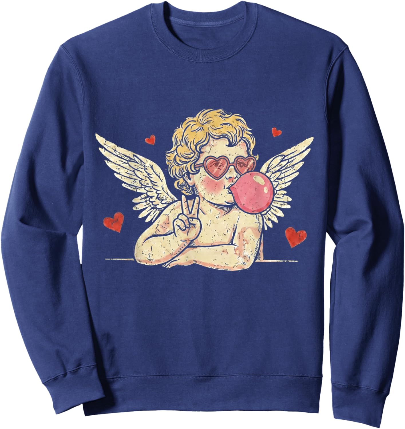Retro Vintage Valentine Day Peace Sign Cupid Blowing Bubble Sweatshirt - Sweatshirt | Navy