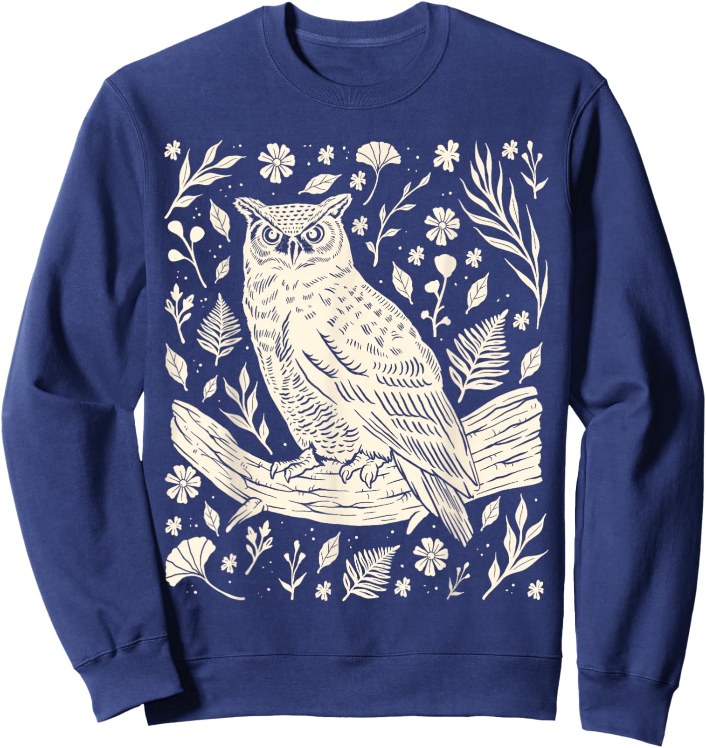 Wild Owl Linocut Bird Nature Lino Print Folk Art Forest Sweatshirt - Sweatshirt | Navy