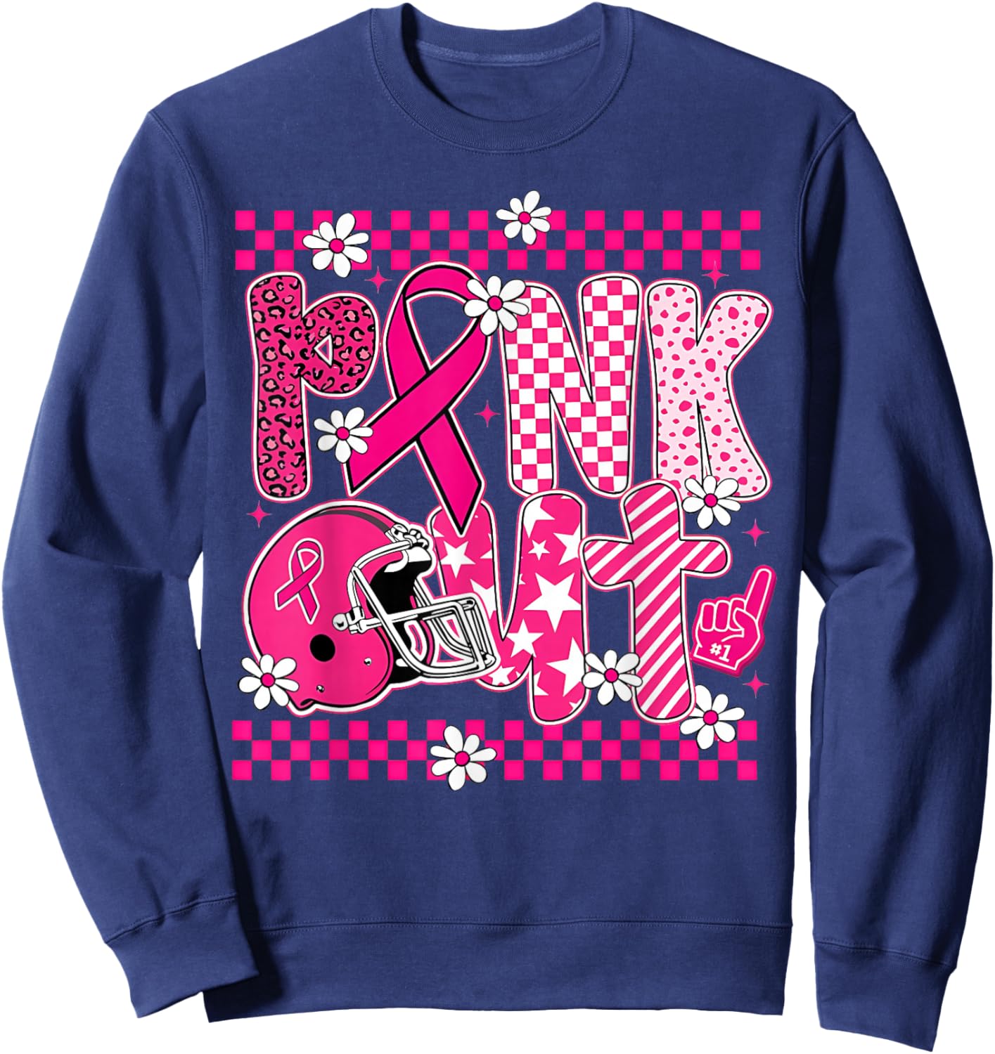 Pink Out Cheer Football Pink Ribbon Breast Cancer Awareness Sweatshirt - Sweatshirt | Navy