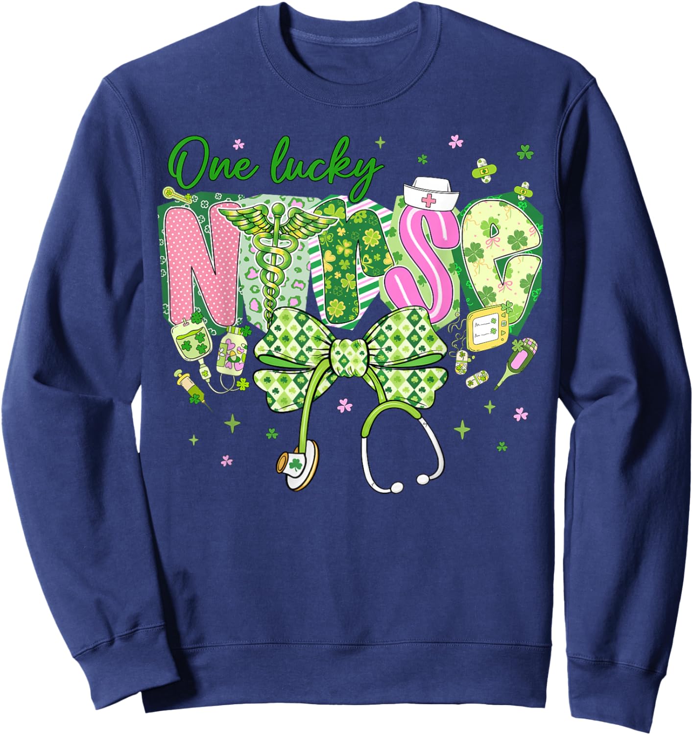 One Lucky Nurse St.Patrick's Day Coquette Bow Shamrock Women Sweatshirt - Sweatshirt | Navy