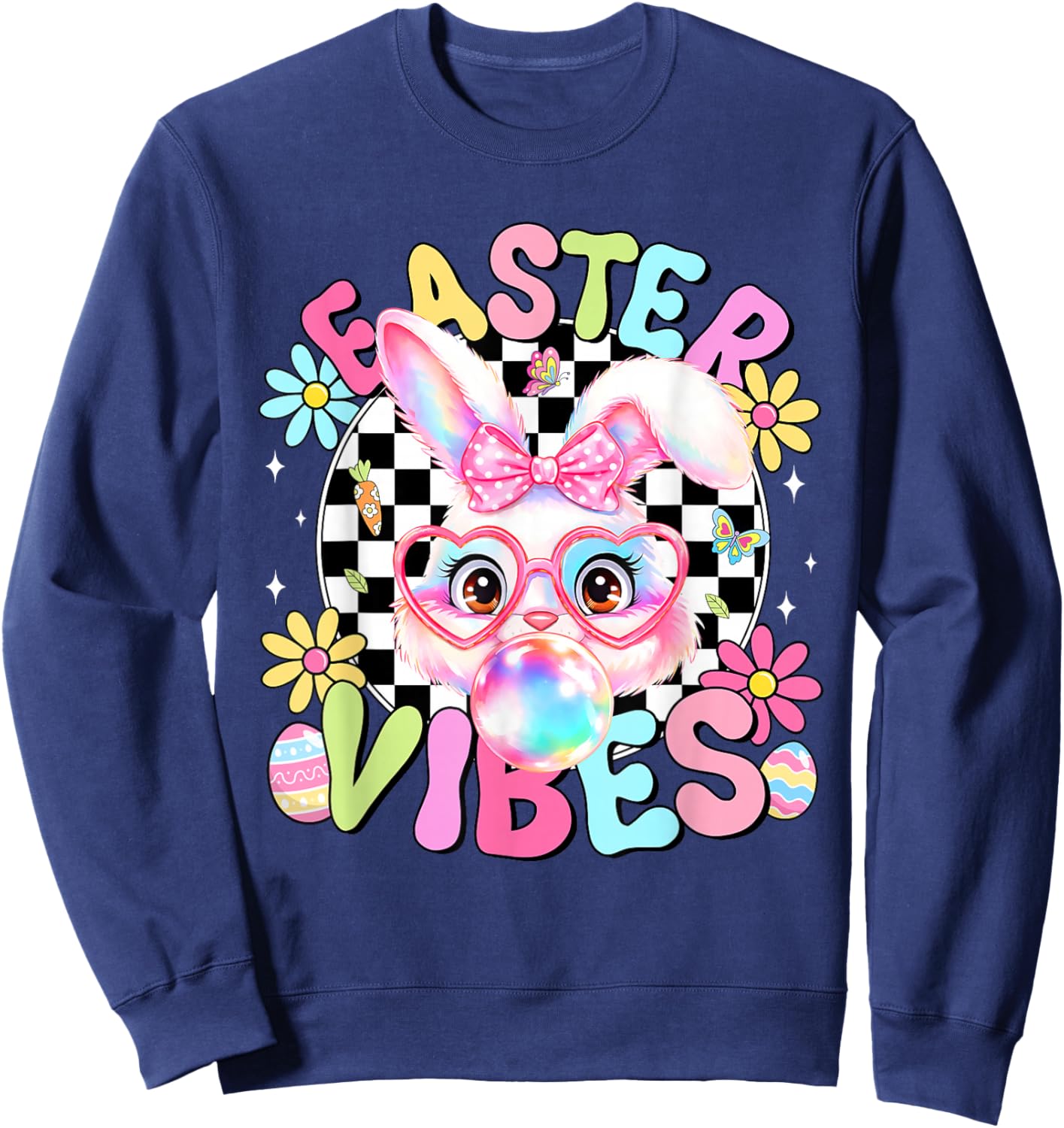 Happy Easter Vibes Cute Bunny Rabbit Bubble Gum Face Women Sweatshirt - Sweatshirt | Navy