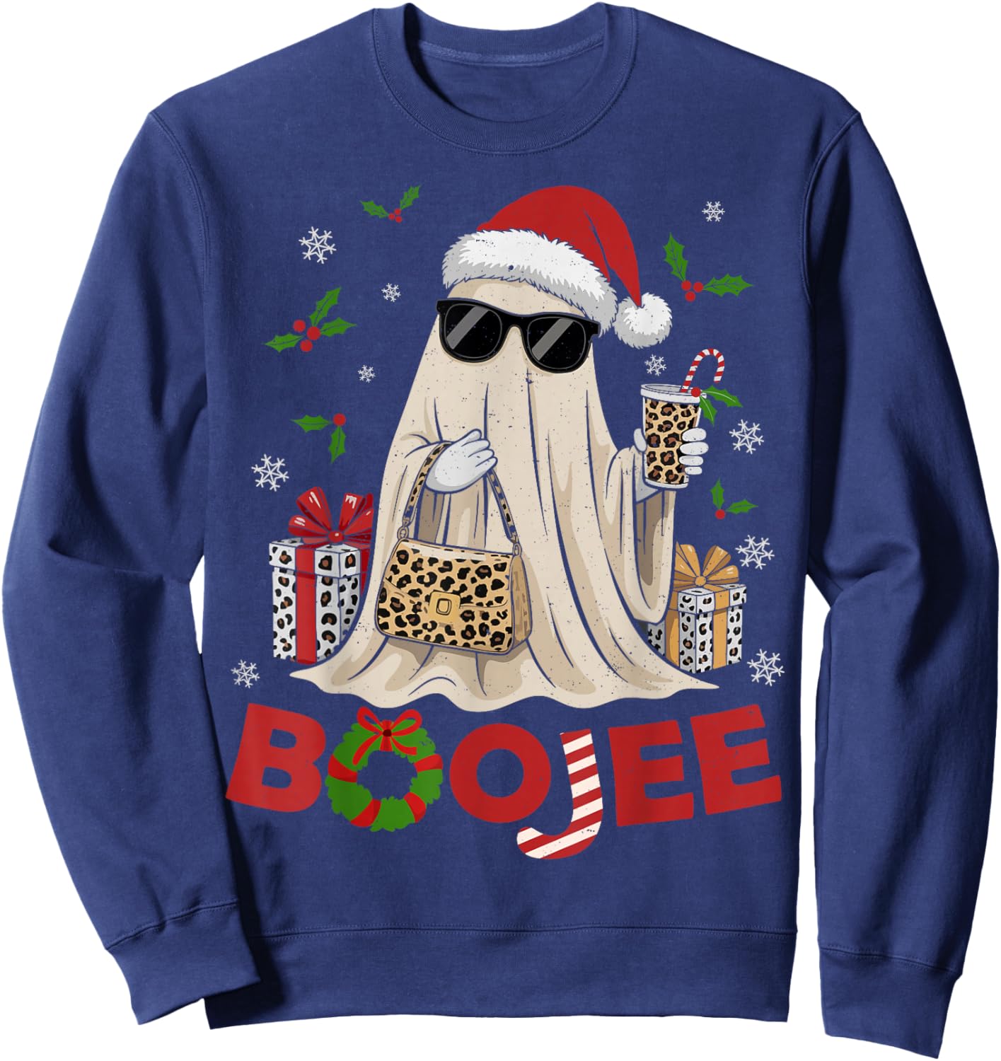 Ghost Santa Christmas Halloween Boo-JEE Leopard Coffee Funny Sweatshirt - Sweatshirt | Navy
