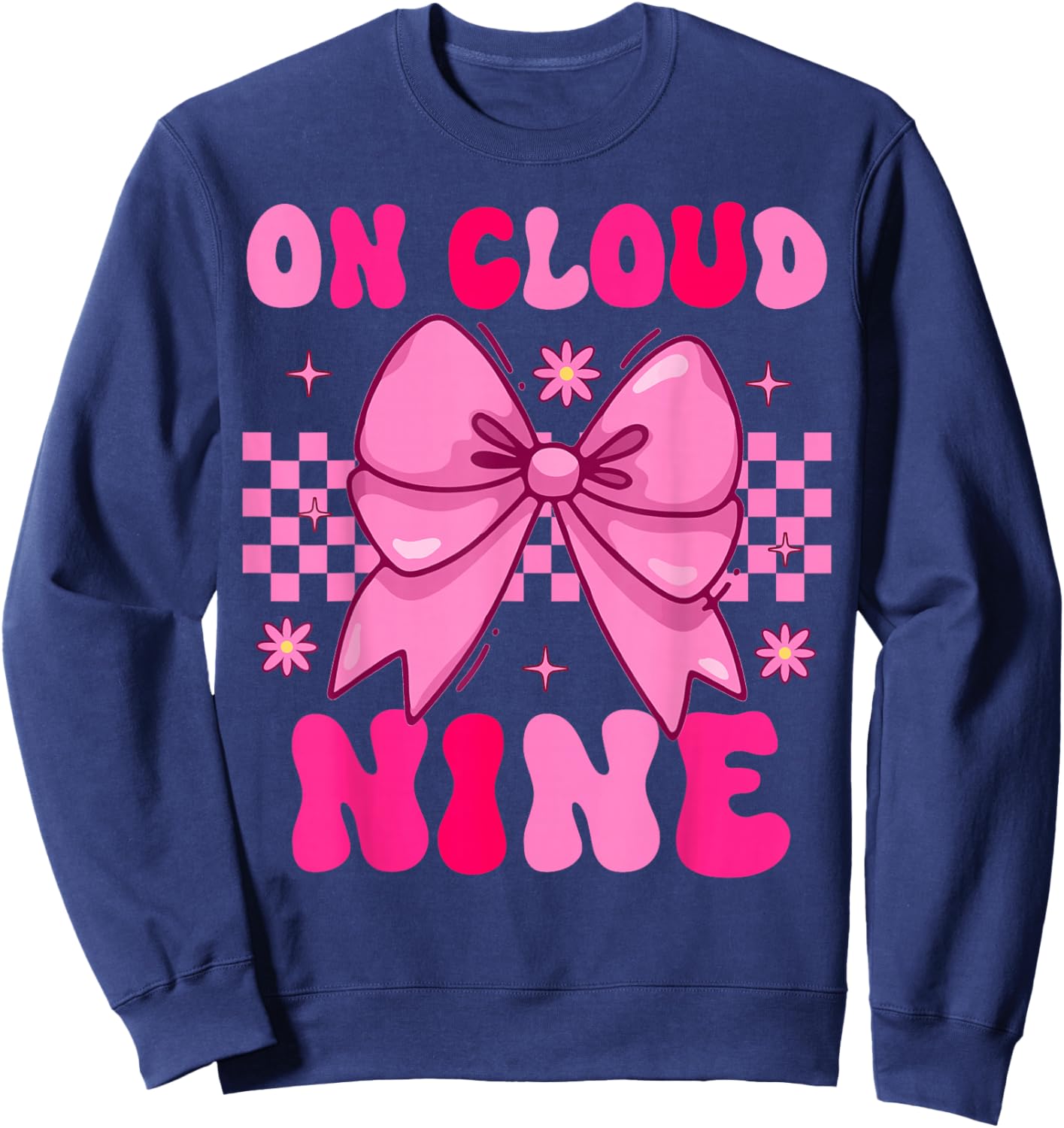 Groovy On Cloud Nine Bday 9th Birthday Girl Coquette Bow Sweatshirt - Sweatshirt | Navy