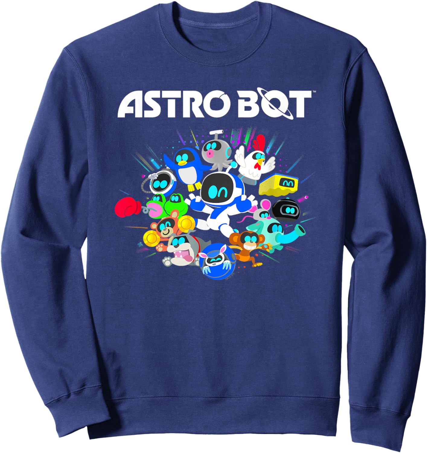 Astro Bot and Friends Character Burst Colorful Video Game Sweatshirt - Sweatshirt | Navy