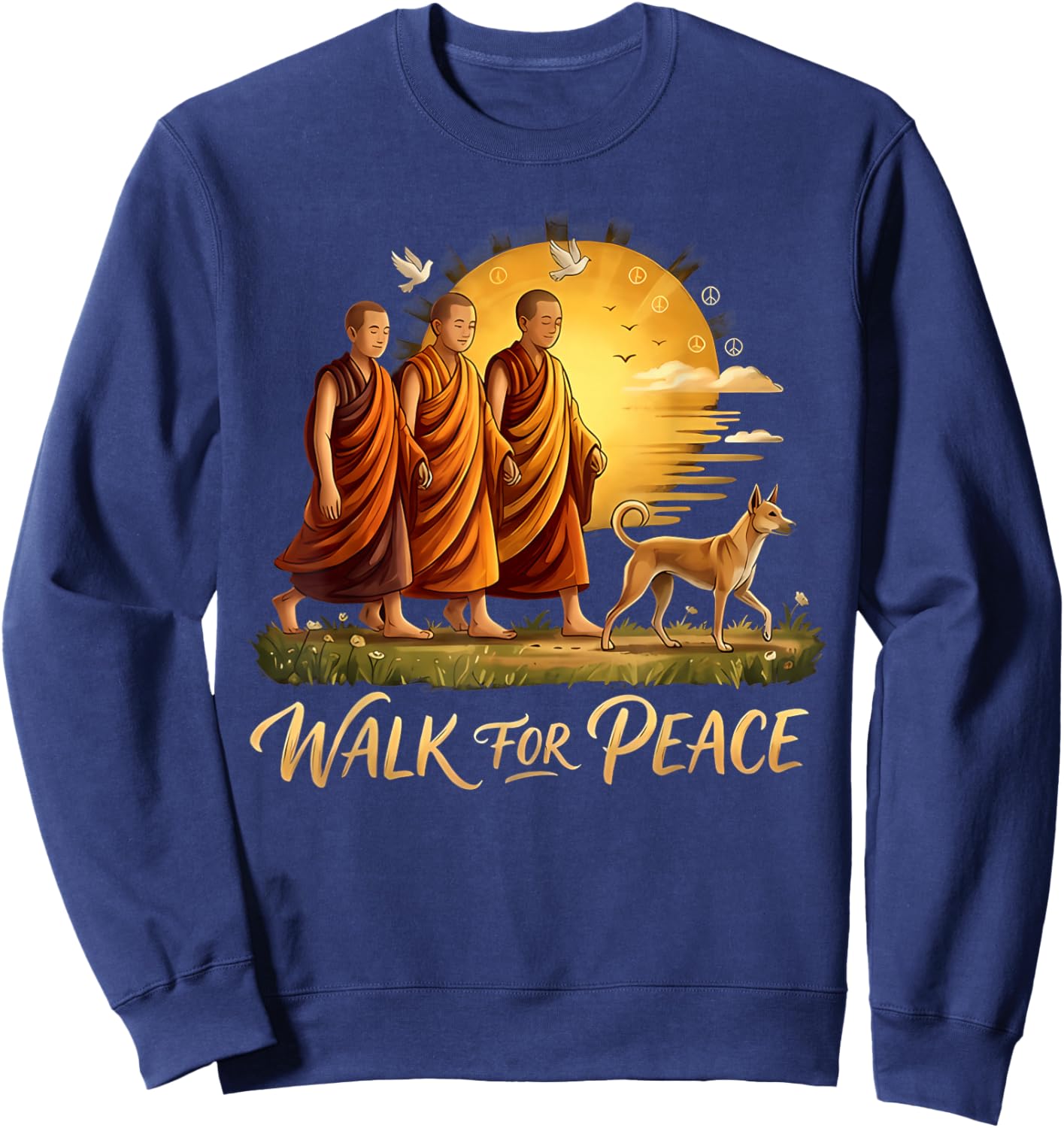Walk for Peace Monks with Aloka Dog Sunset Peace Sign Art Sweatshirt - Sweatshirt | Navy
