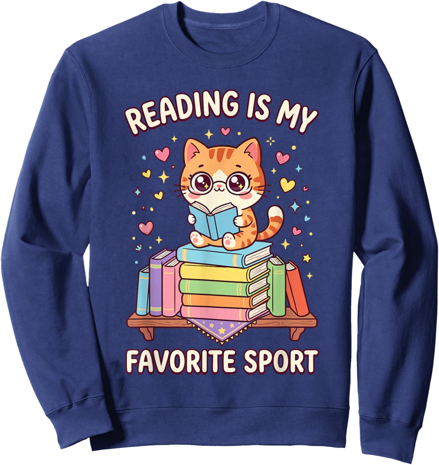 Reading is My Favorite Sport Cute Kawaii Cat Bookworm Kids Sweatshirt - Sweatshirt | Navy
