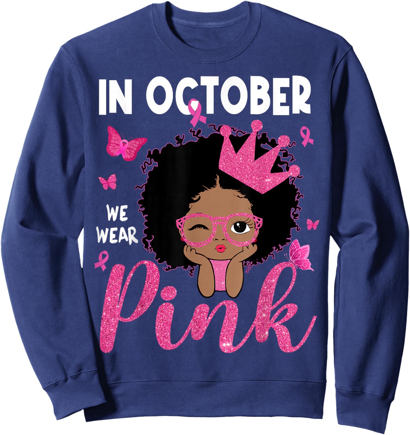 in October We Wear Pink Breast Cancer Black Afro Girls Kids Sweatshirt - Sweatshirt | Navy
