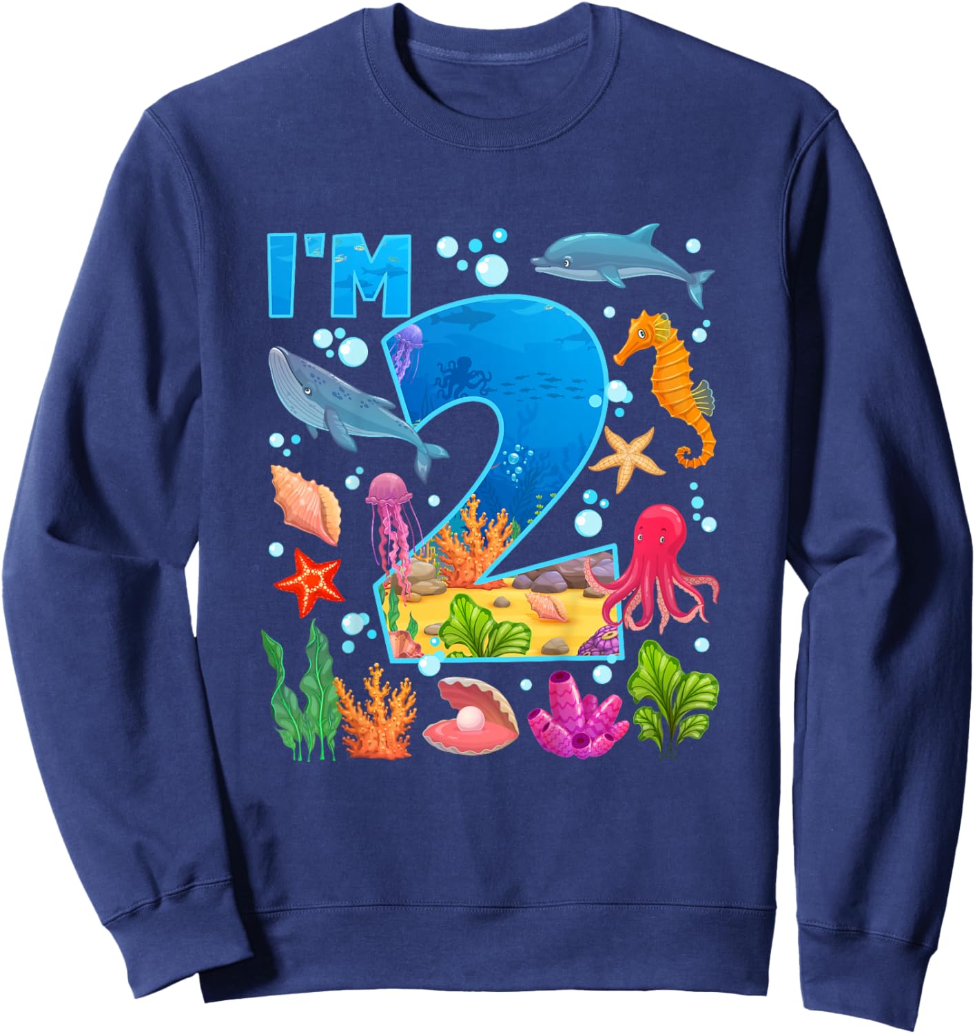 2nd Ocean Birthday Party Two Year Old Sea Animals Sweatshirt - Sweatshirt | Navy