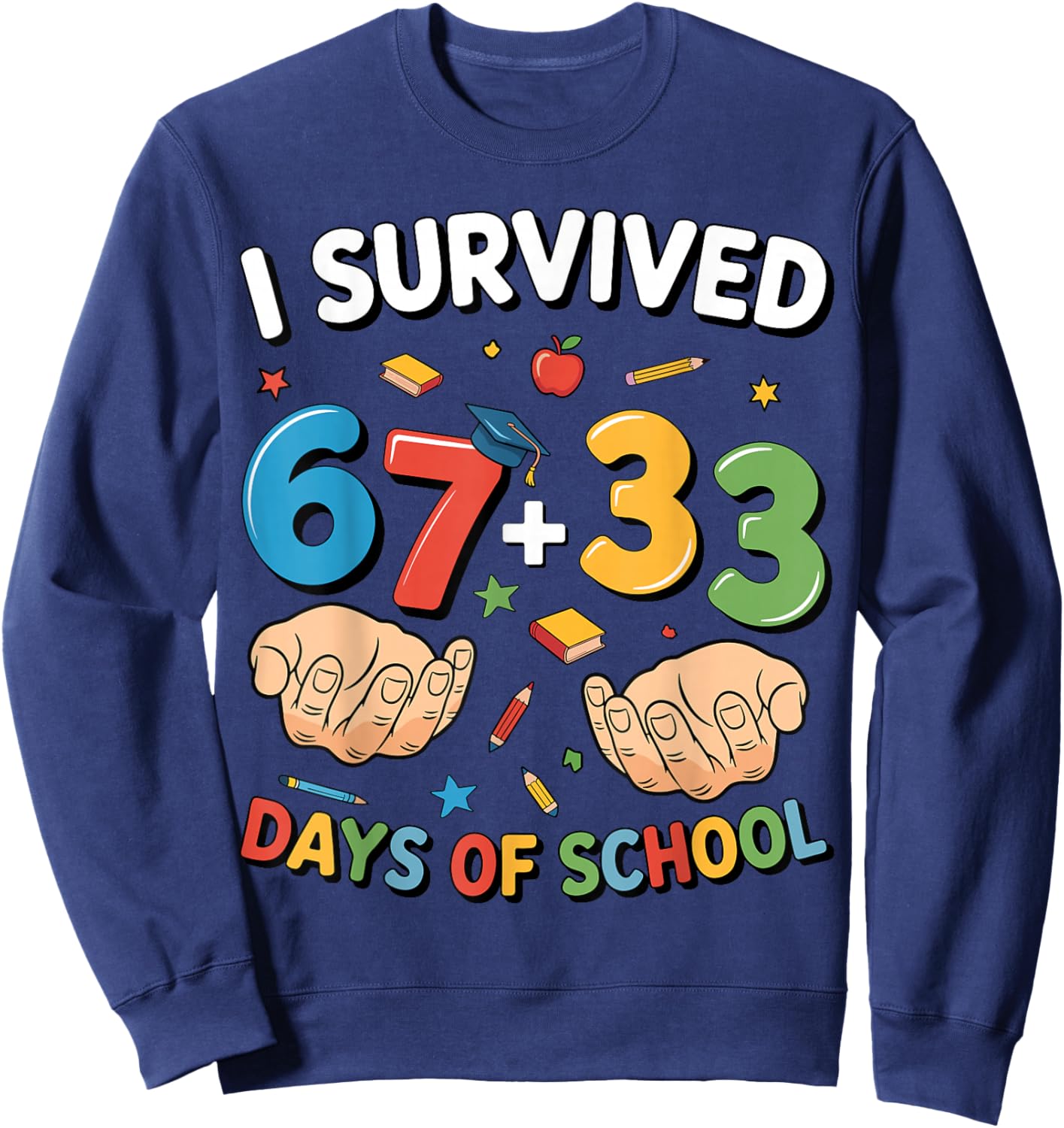 I Survived 100 Days of School 67 + 33 Meme Teacher Student Sweatshirt - Sweatshirt | Navy