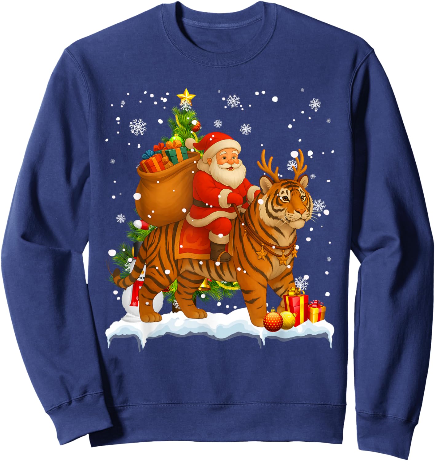 Xmas Decor Lights Funny Santa Riding Tiger Christmas Sweatshirt - Sweatshirt | Navy
