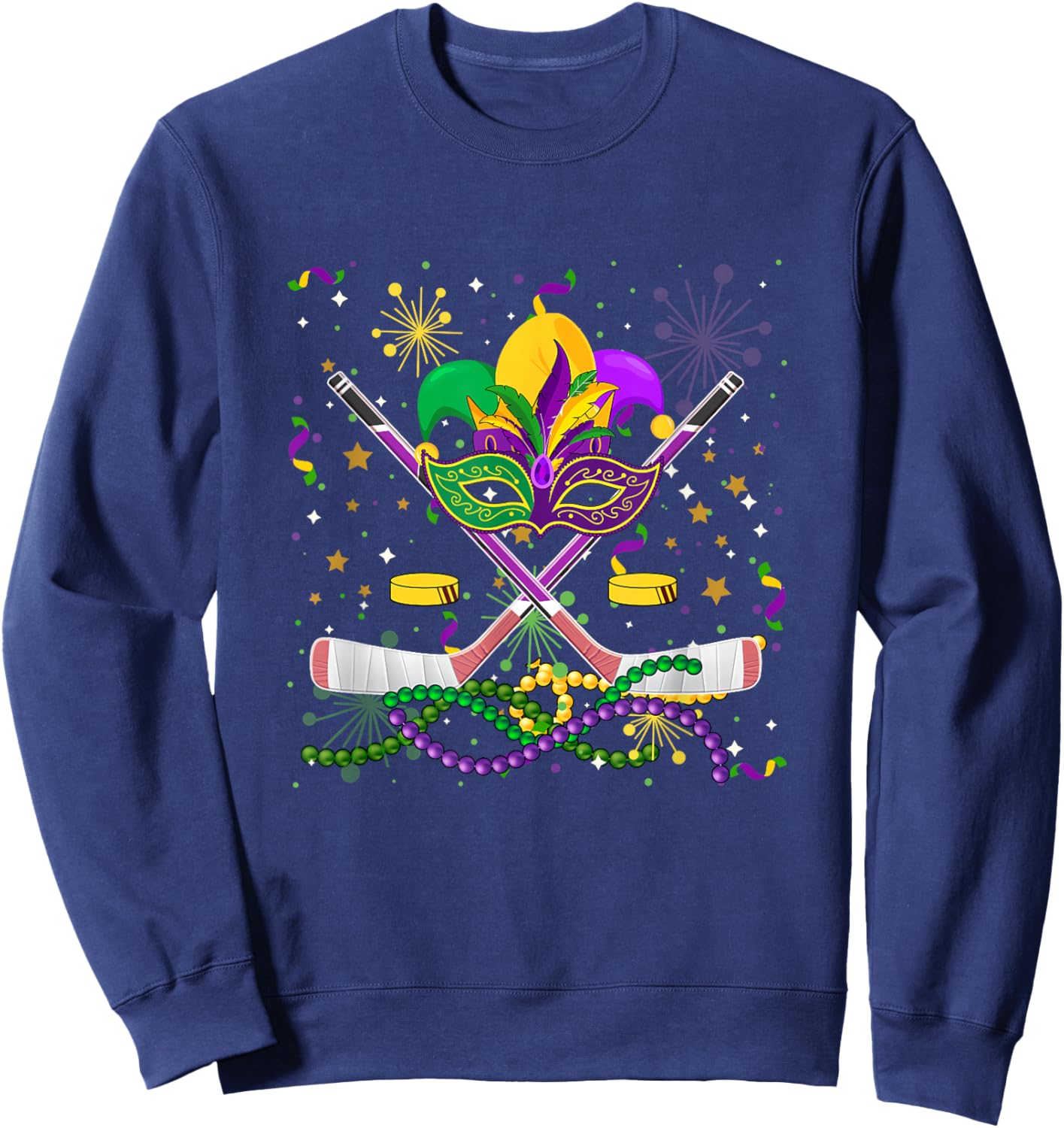 Ice Hockey Equipment Mardi Gras Masked Beads Funny Player Sweatshirt - Sweatshirt | Navy