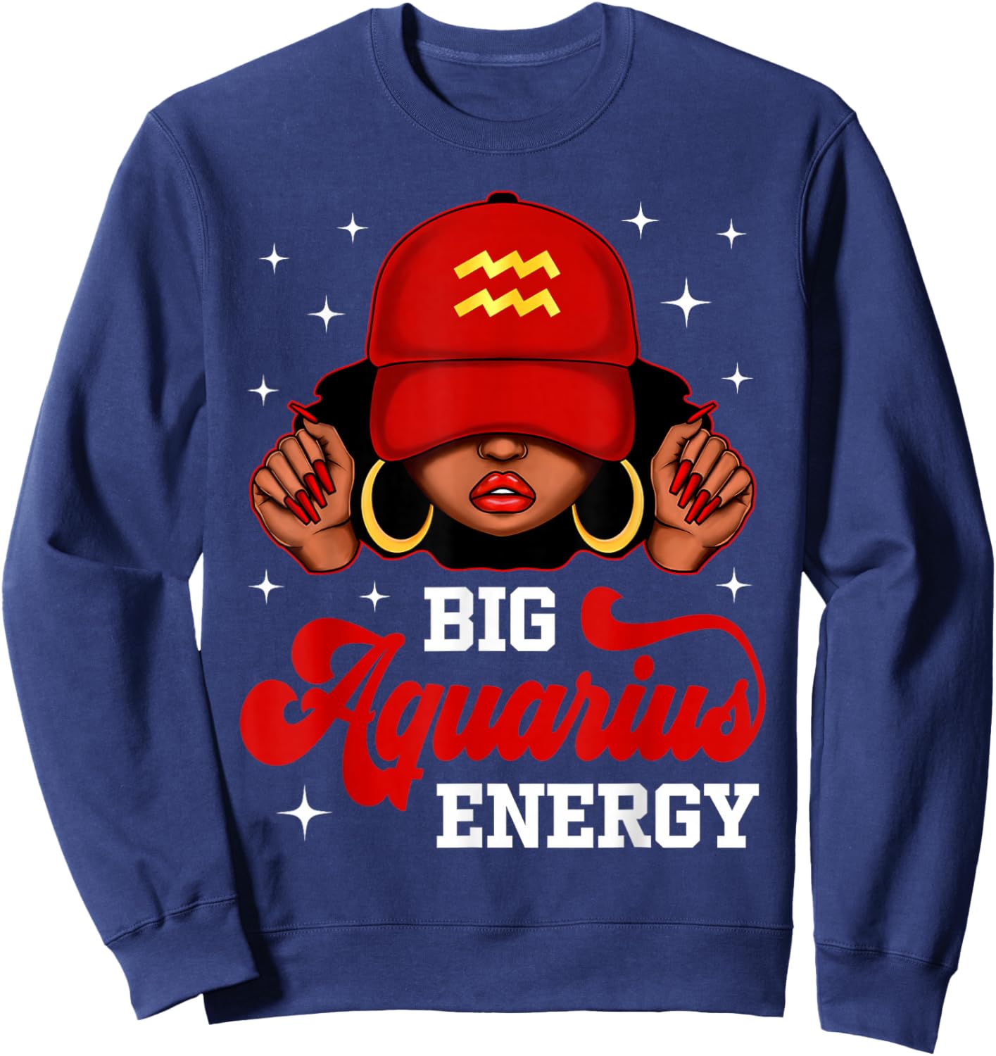 Big Aquarius Energy Black Woman with Red Cap Zodiac Sweatshirt - Sweatshirt | Navy