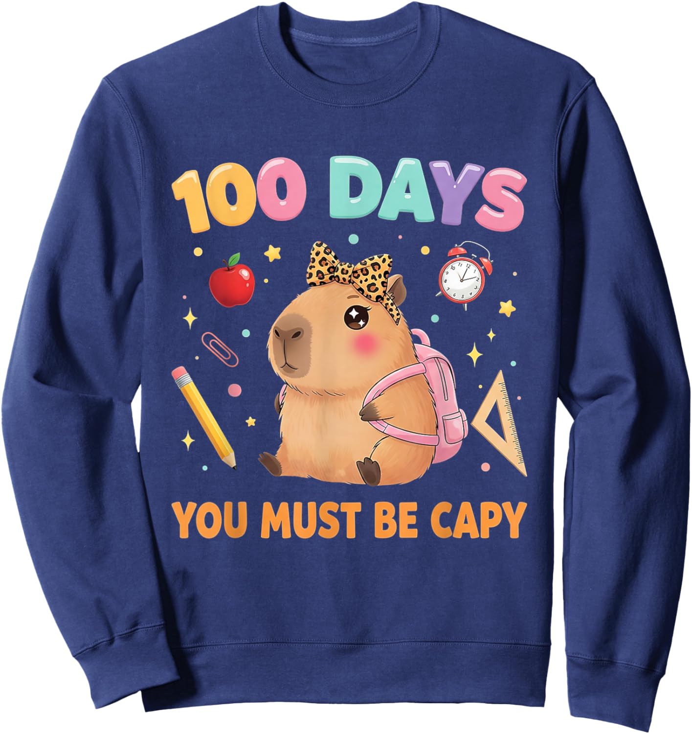 Cute 100 Days of School Capybara with Leopard Bow Teacher Sweatshirt - Sweatshirt | Navy