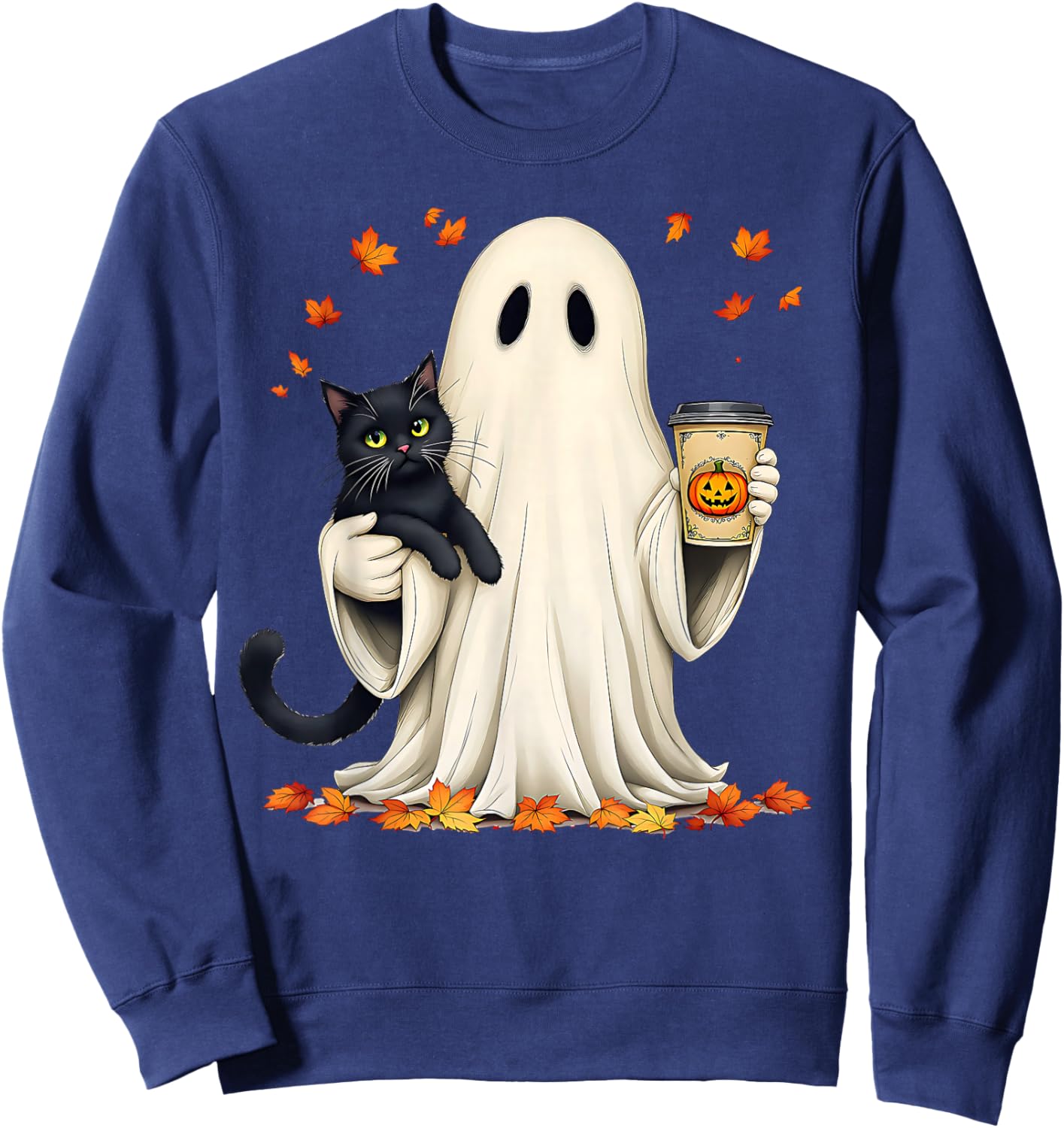Ghost Holding a Cat with Pumpkin Coffee Halloween & Autumn Sweatshirt - Sweatshirt | Navy