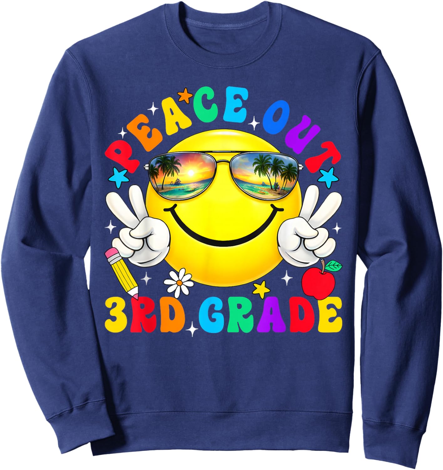 Peace Out Third Grade Last Day of School Groovy Smile Face Sweatshirt - Sweatshirt | Navy