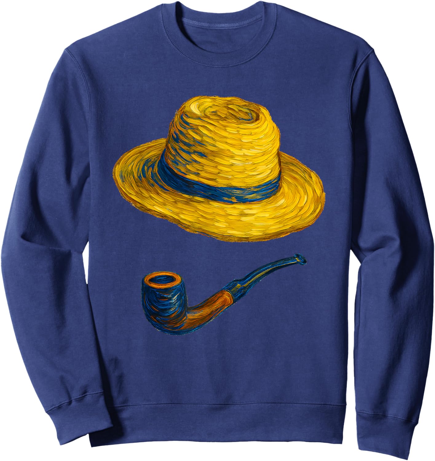 Straw Hat and Blue Pipe Van Gogh Style Art Painting Sweatshirt - Sweatshirt | Navy