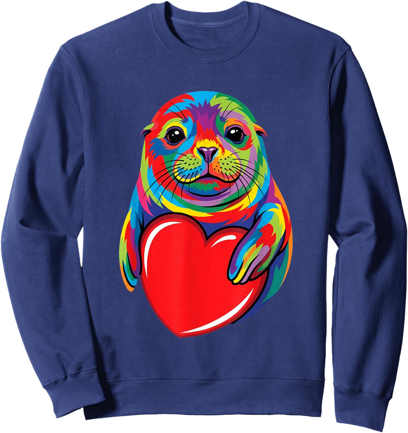 Seal Hugging Valentine Heart Color Critters Rainbow Sweatshirt - Sweatshirt | Navy
