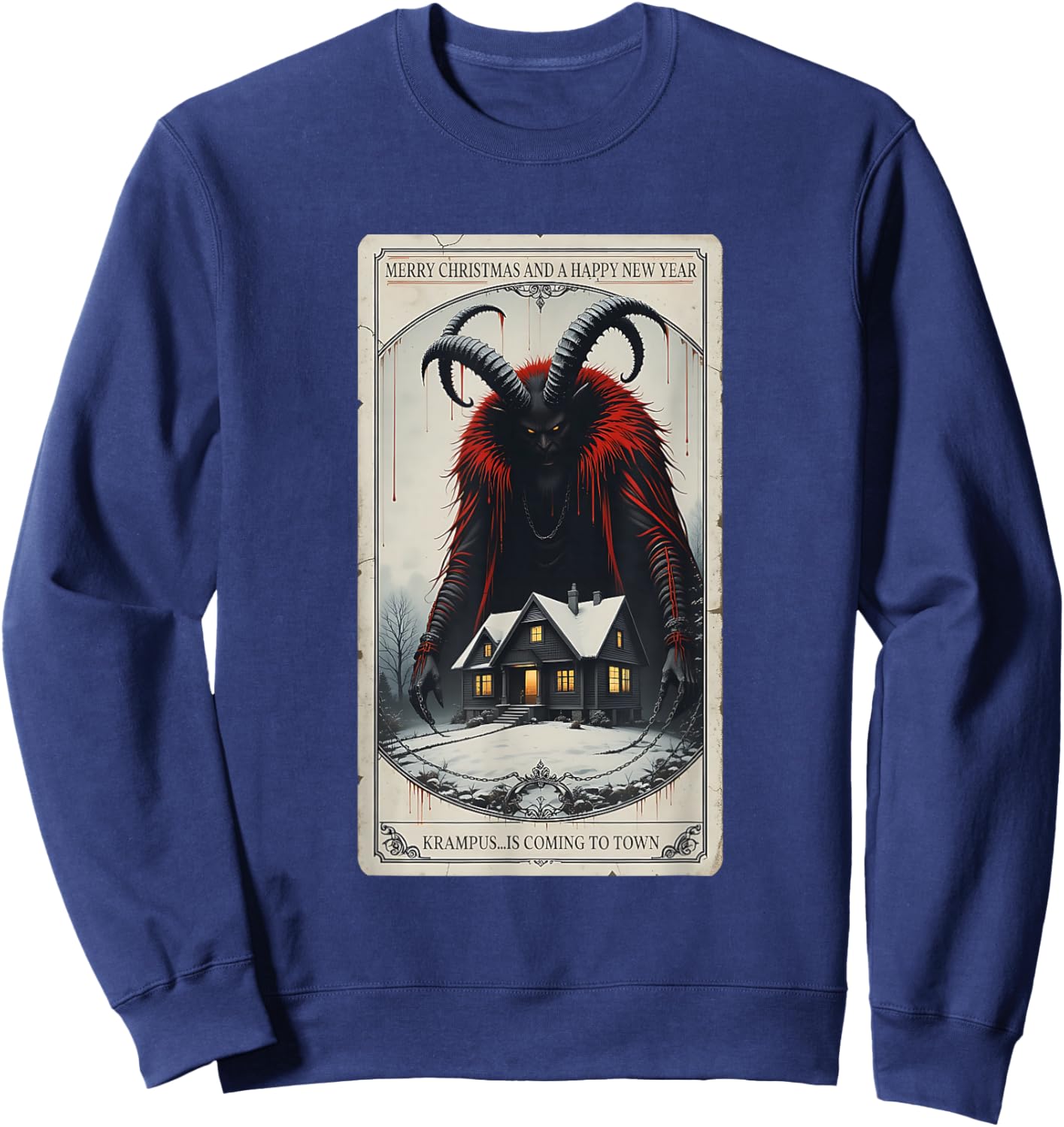 Vintage Krampus Tarot Card Merry Christmas Xmas Horror Sweatshirt - Sweatshirt | Navy