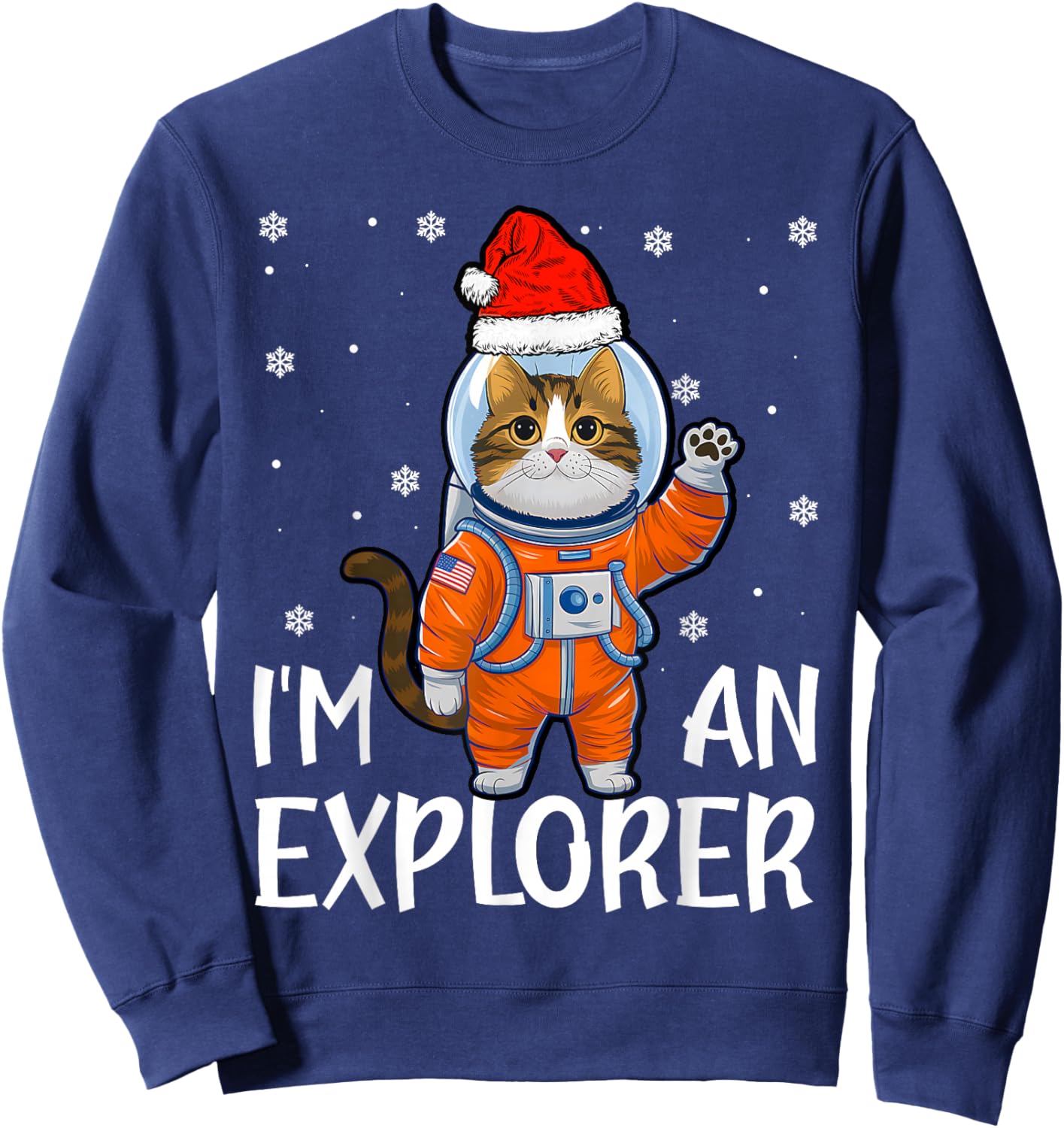 Funny Christmas Astronaut Cat Santa Hat Space Snowflakes Sweatshirt - Sweatshirt | Navy