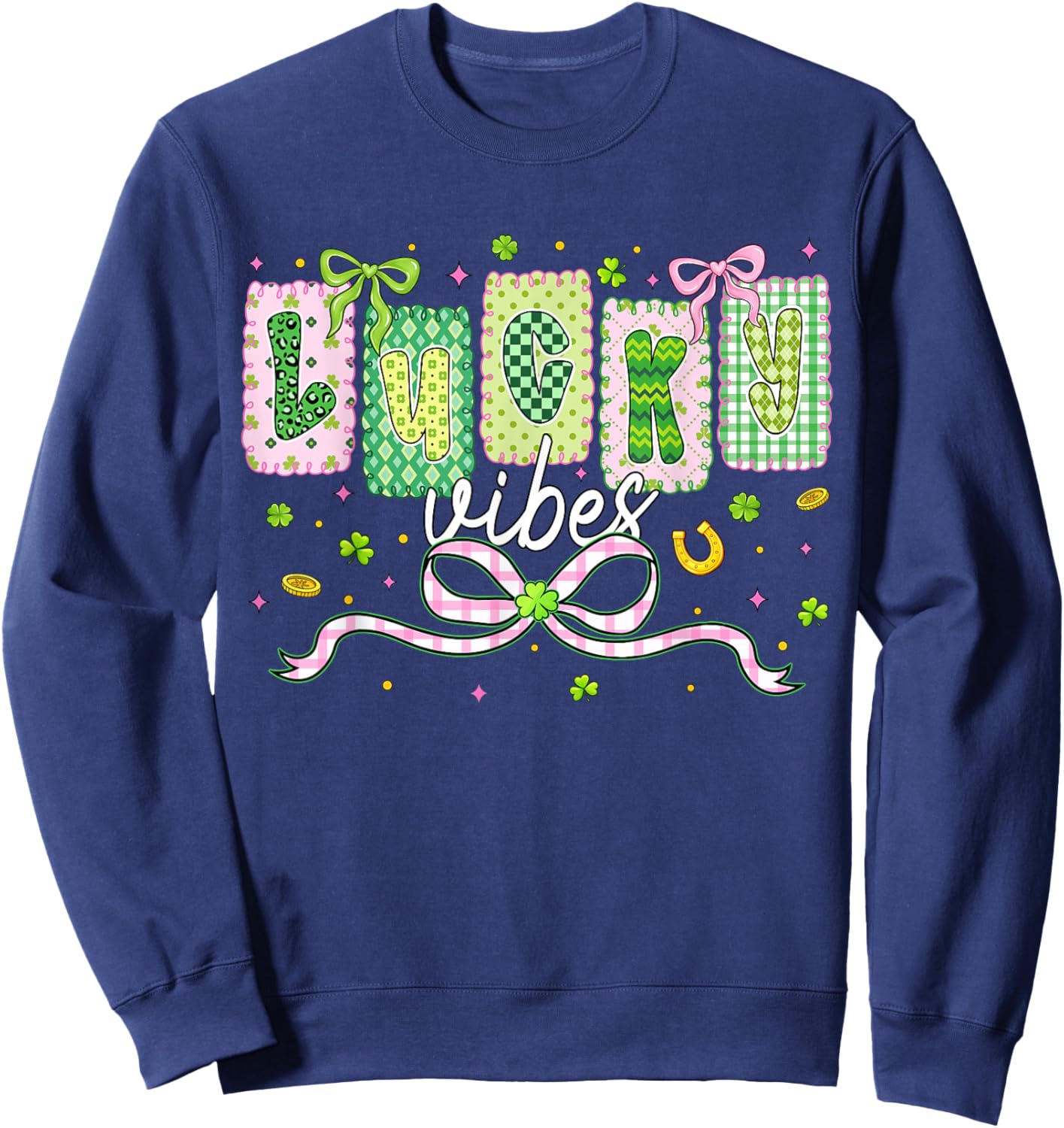 Preppy St Patricks Day Lucky Vibes Shamrock Women Girls Kids Sweatshirt - Sweatshirt | Navy