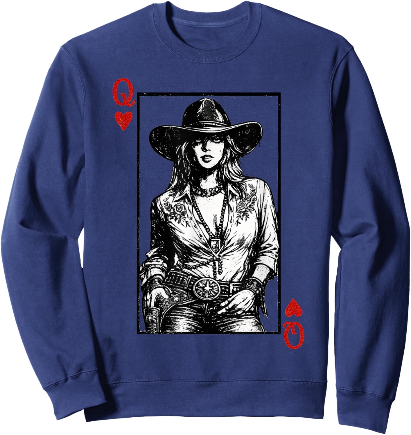 Cowgirl Queen of Hearts Western Playing Card Art Sweatshirt - Sweatshirt | Navy
