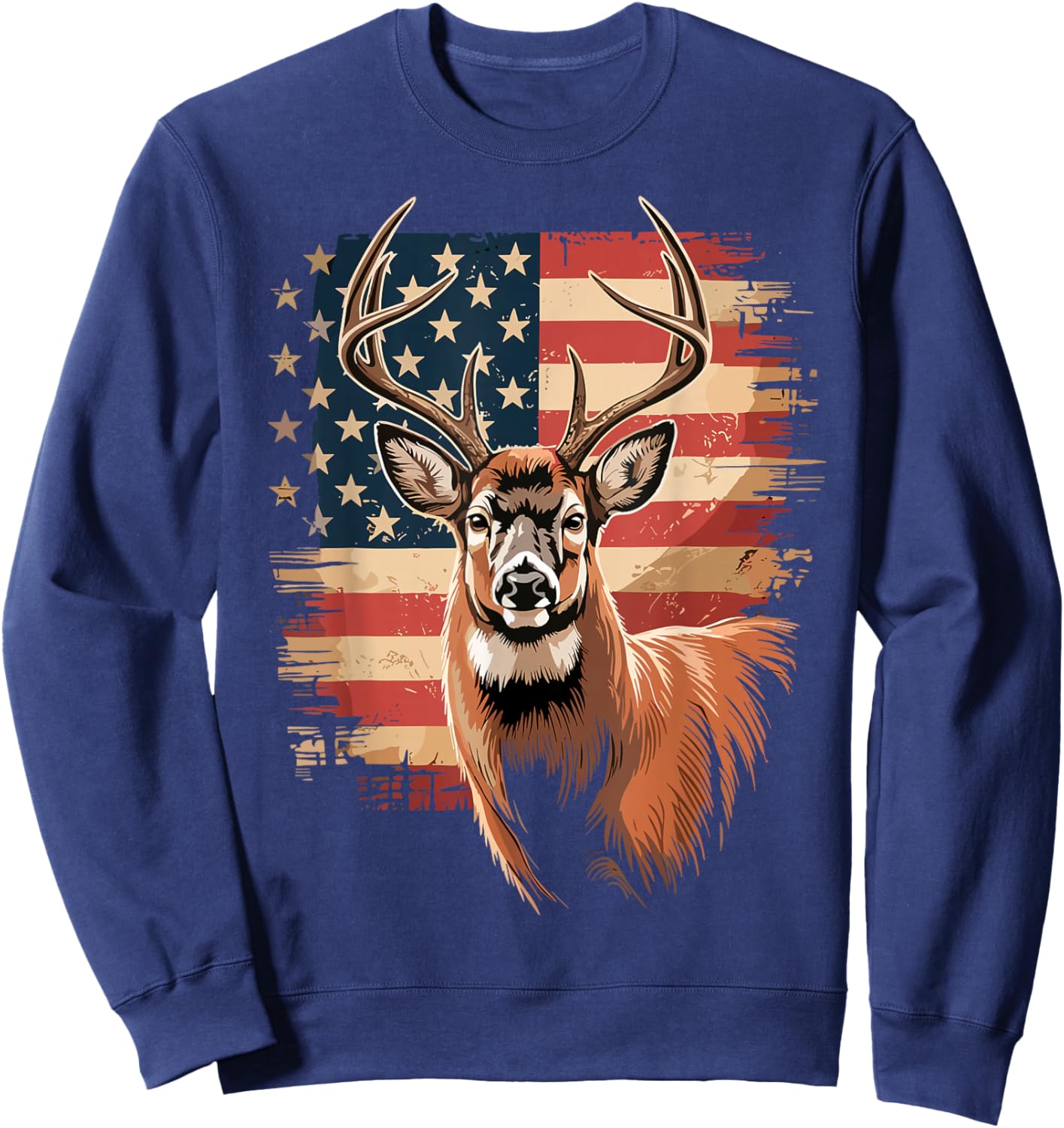 Deers Hunting USA Flag American Whitetail Buck Deer Sweatshirt - Sweatshirt | Navy