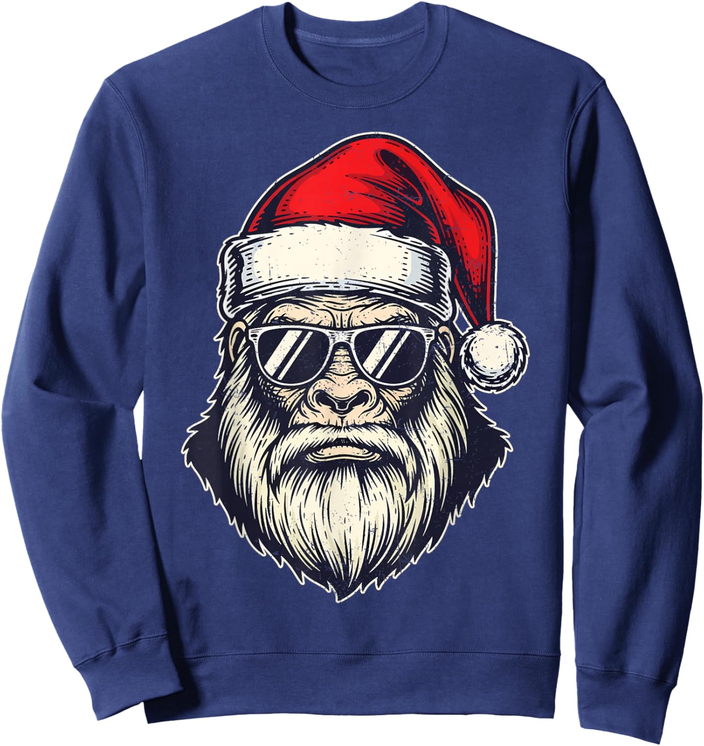 Bigfoot Face Santa Sunglasses Funny Christmas Xmas Sasquatch Sweatshirt - Sweatshirt | Navy