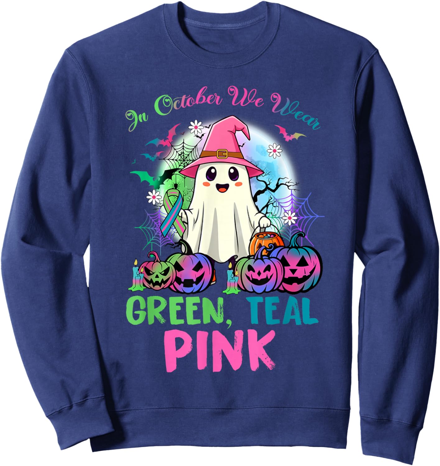 in October We Wear Teal Pink Halloween Metastatic Breast Can Sweatshirt - Sweatshirt | Navy