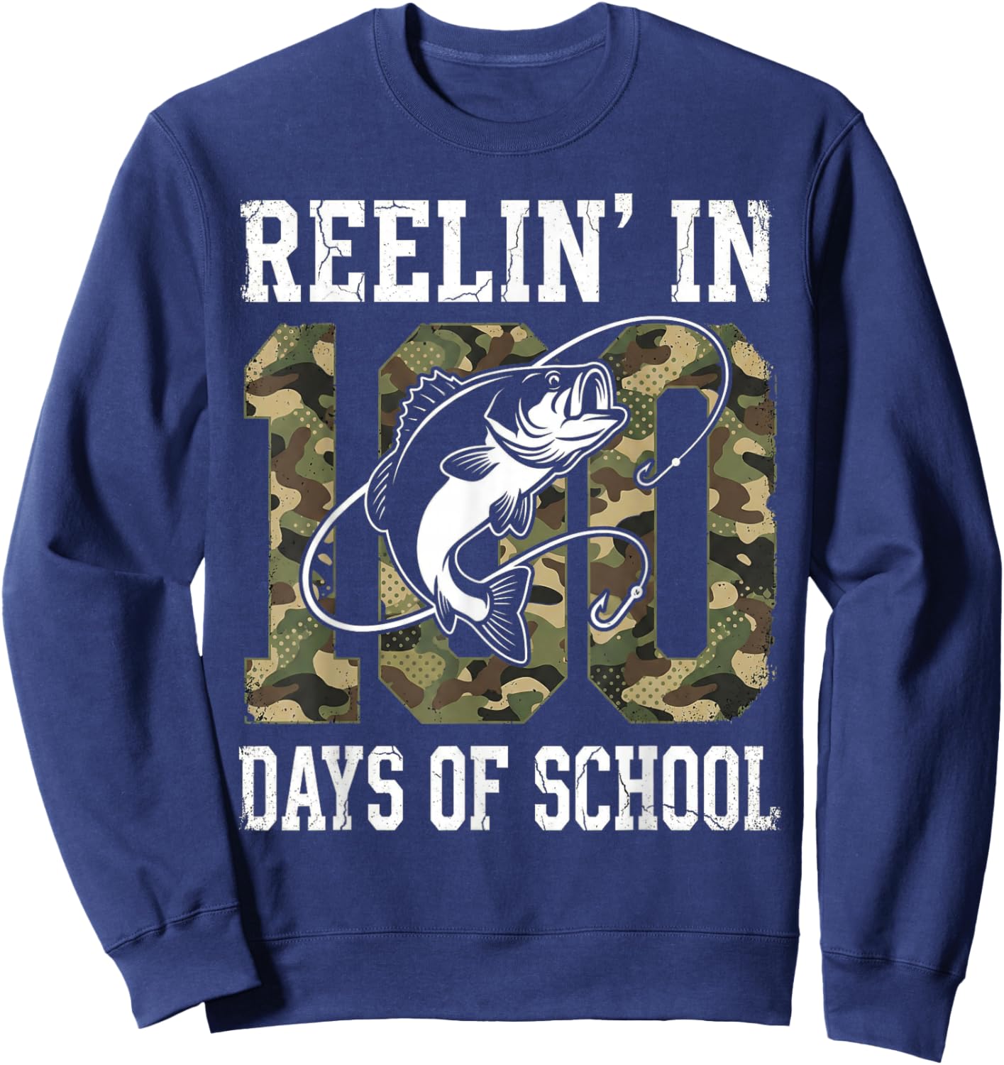 Reelin' in 100 Days of School Bass Camo Fishing Lover Boys Sweatshirt - Sweatshirt | Navy