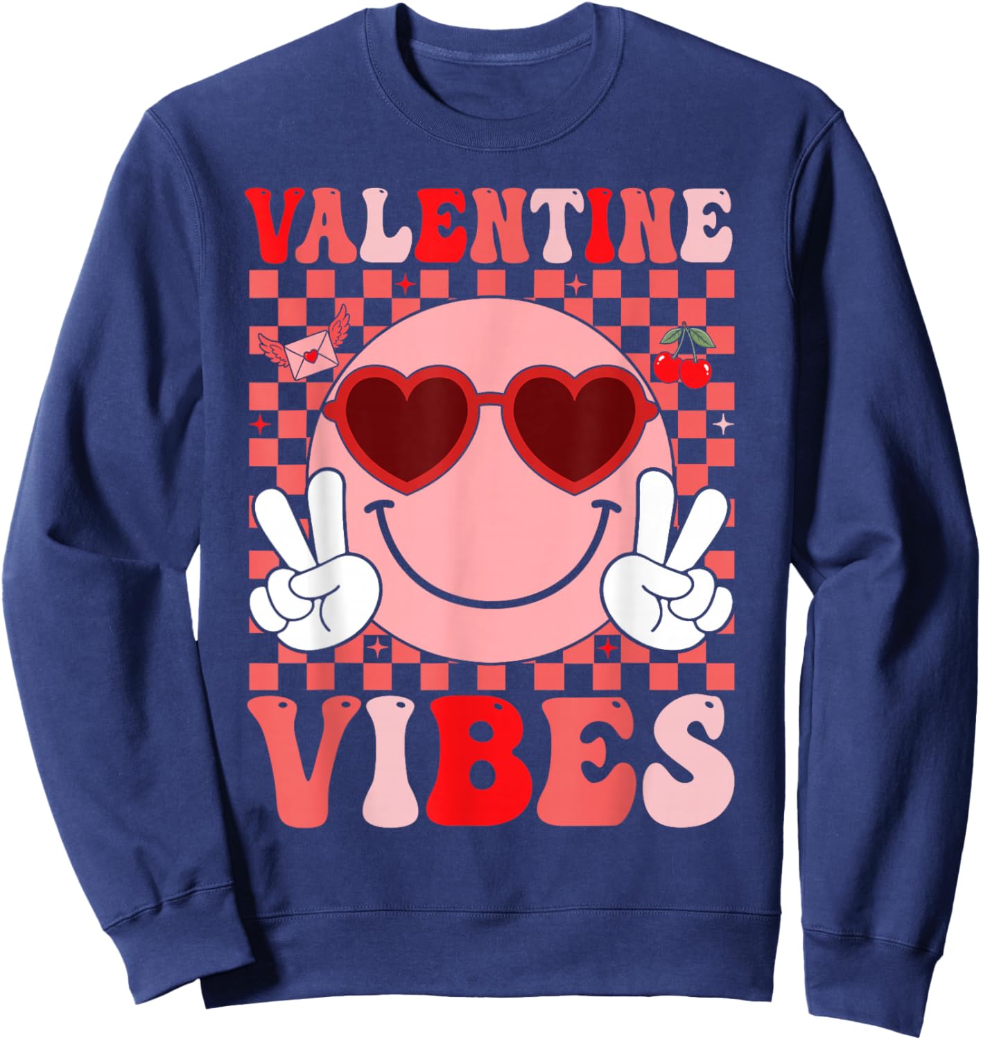 Groovy Valentine Vibes Smile Face Valentines Day Girls Women Sweatshirt - Sweatshirt | Navy