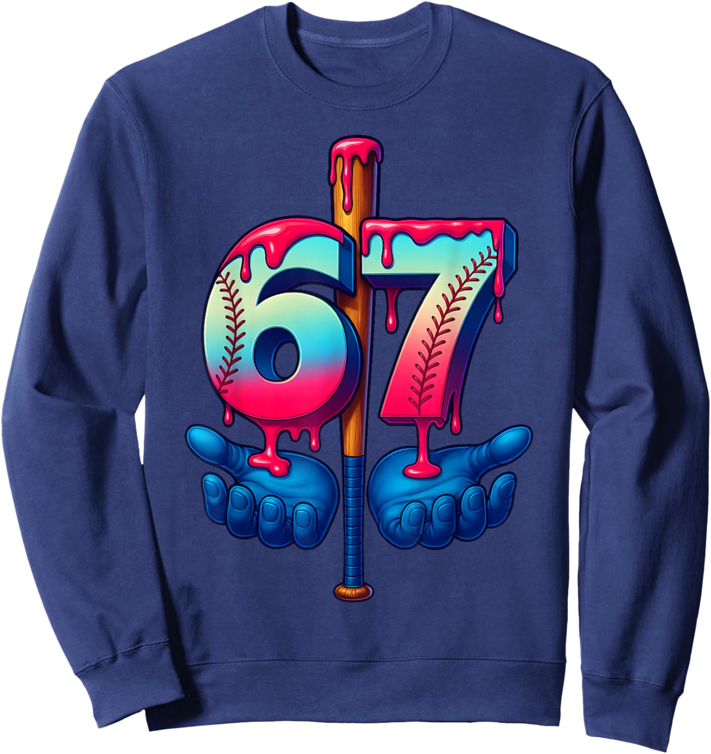 Baseball Bat Hands Drip 67 Six Seven Gen Alpha Slang Meme Sweatshirt - Sweatshirt | Navy