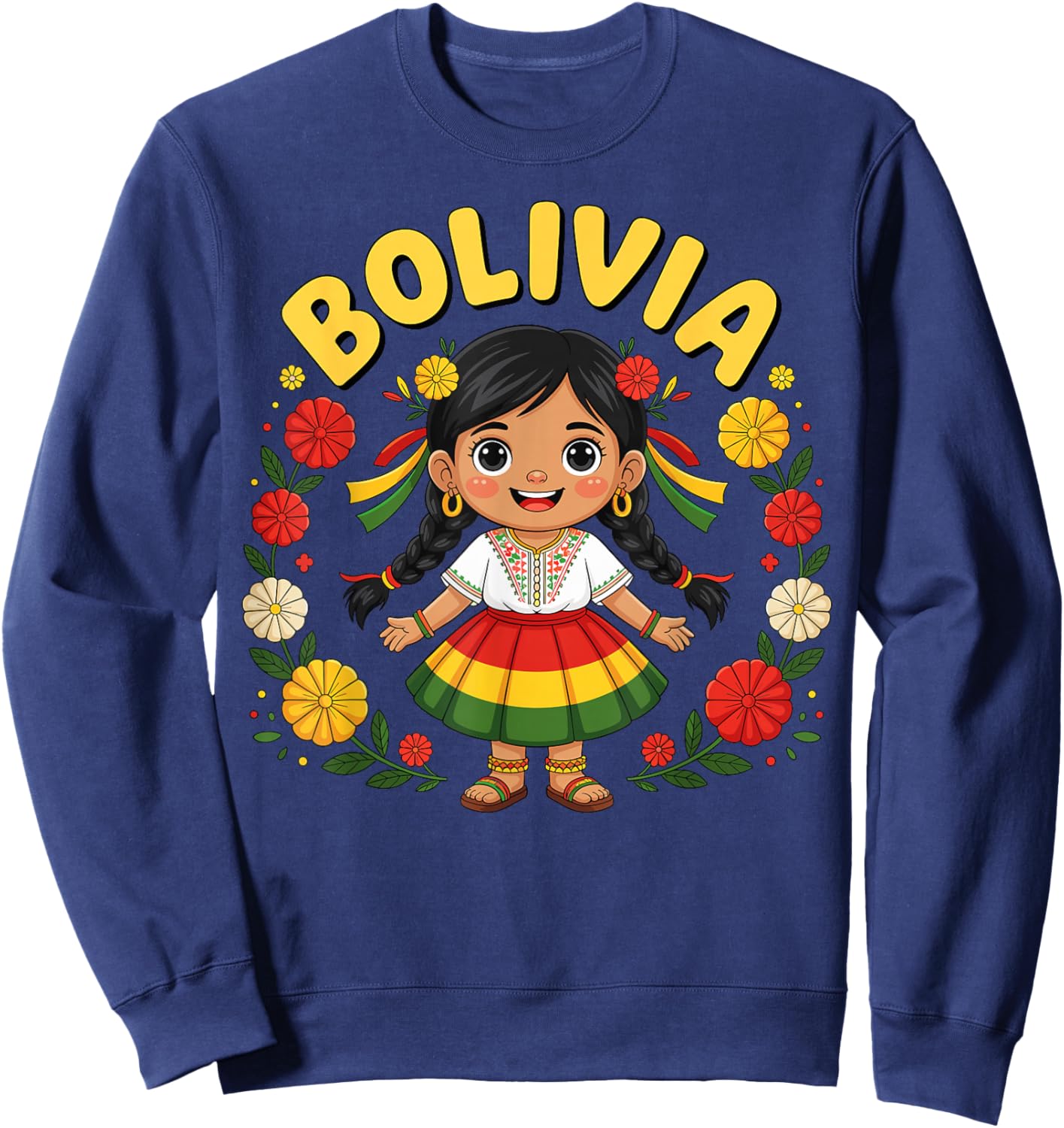 Cute Bolivia Girl Traditional Dress with Floral Design Kids Sweatshirt - Sweatshirt | Navy