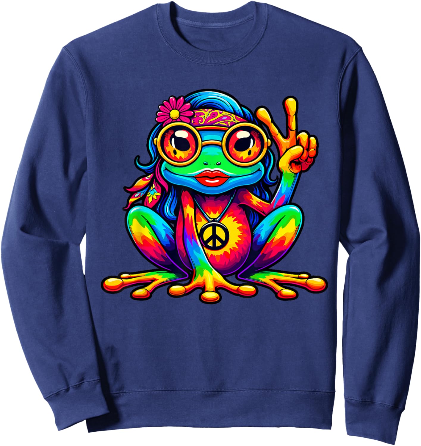 Tie-Dye Hippie Frog, Peace Sign, Girls, Women, 70s Costume Sweatshirt - Sweatshirt | Navy