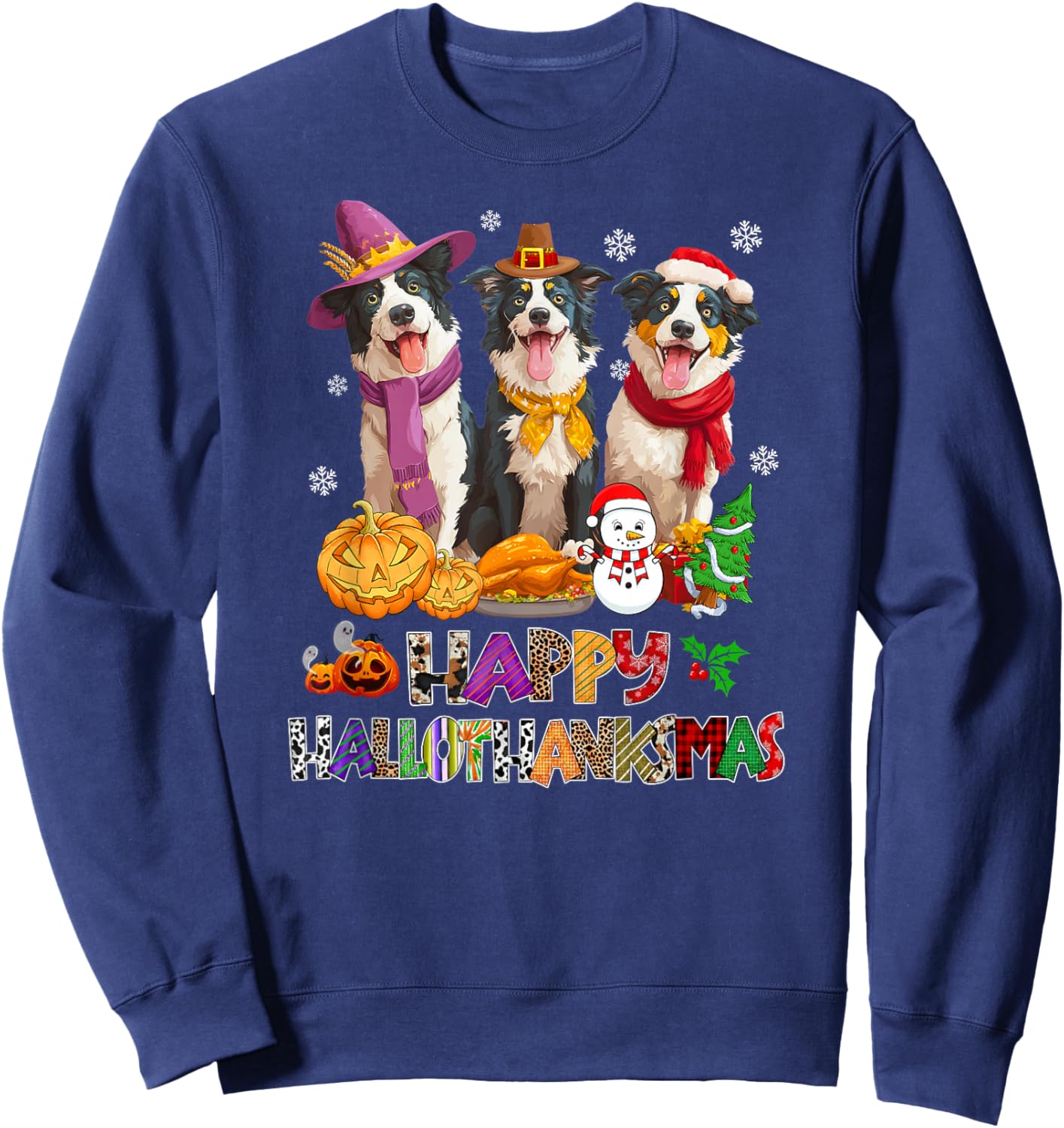 Hallothanksmas Border Collie Dog Halloween Christmas Pumpkin Sweatshirt - Sweatshirt | Navy