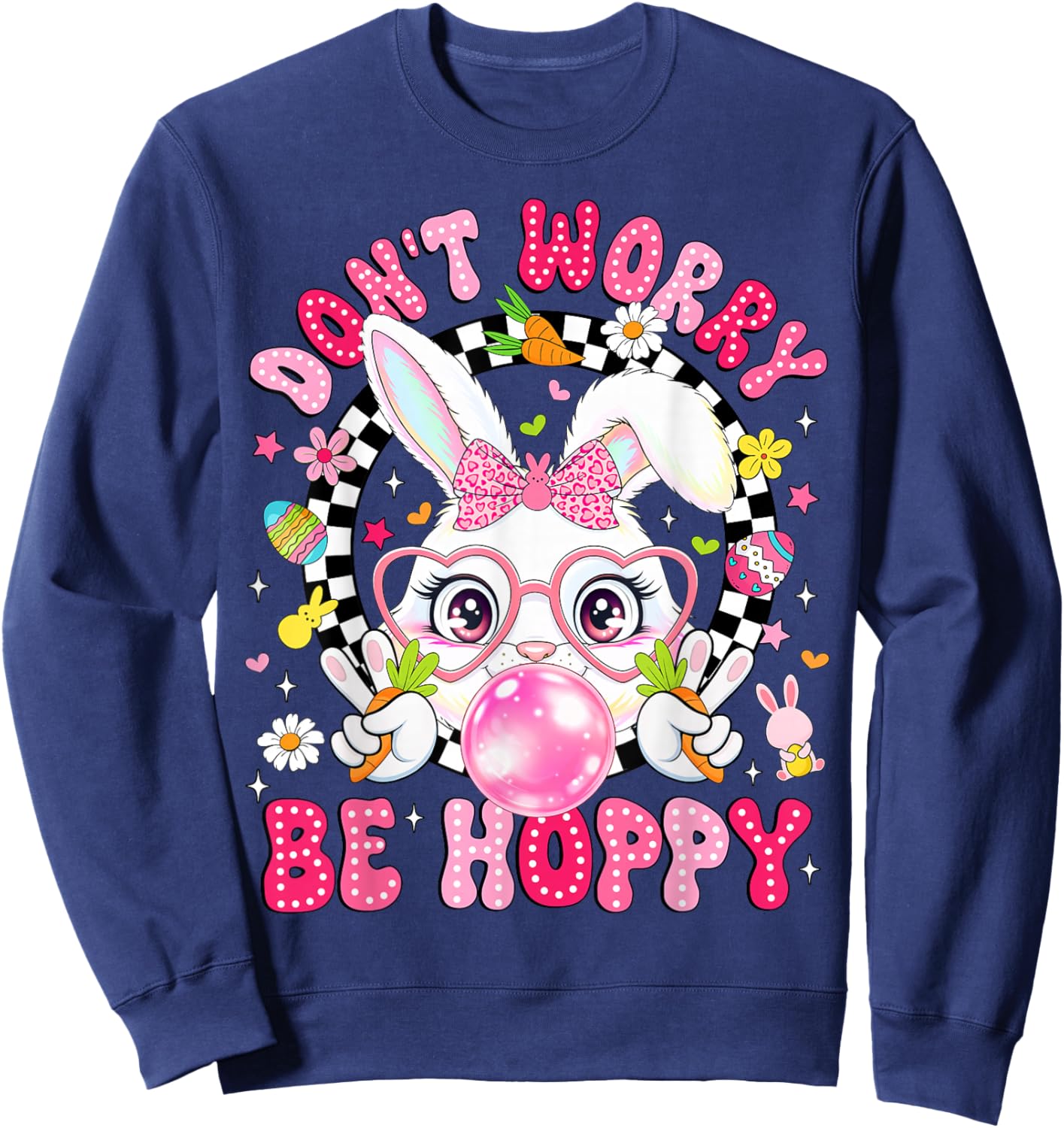 Groovy Don't Worry Be Hoppy Happy Easter Day Bunny Face Kids Sweatshirt - Sweatshirt | Navy