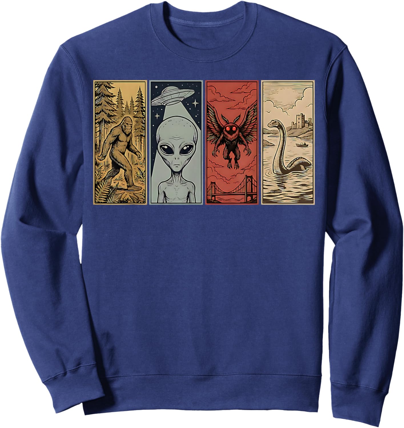 Retro Monster Loch Ness Mothman Bigfoot Alien Funny Cryptid Sweatshirt - Sweatshirt | Navy