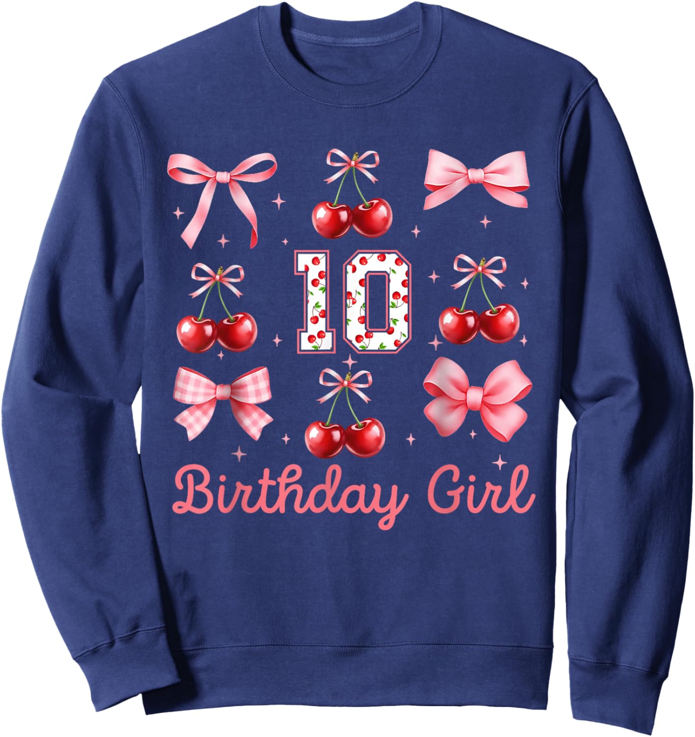10th Birthday Girl Cherry Coquette Bow 10 Year Old Girls Sweatshirt - Sweatshirt | Navy