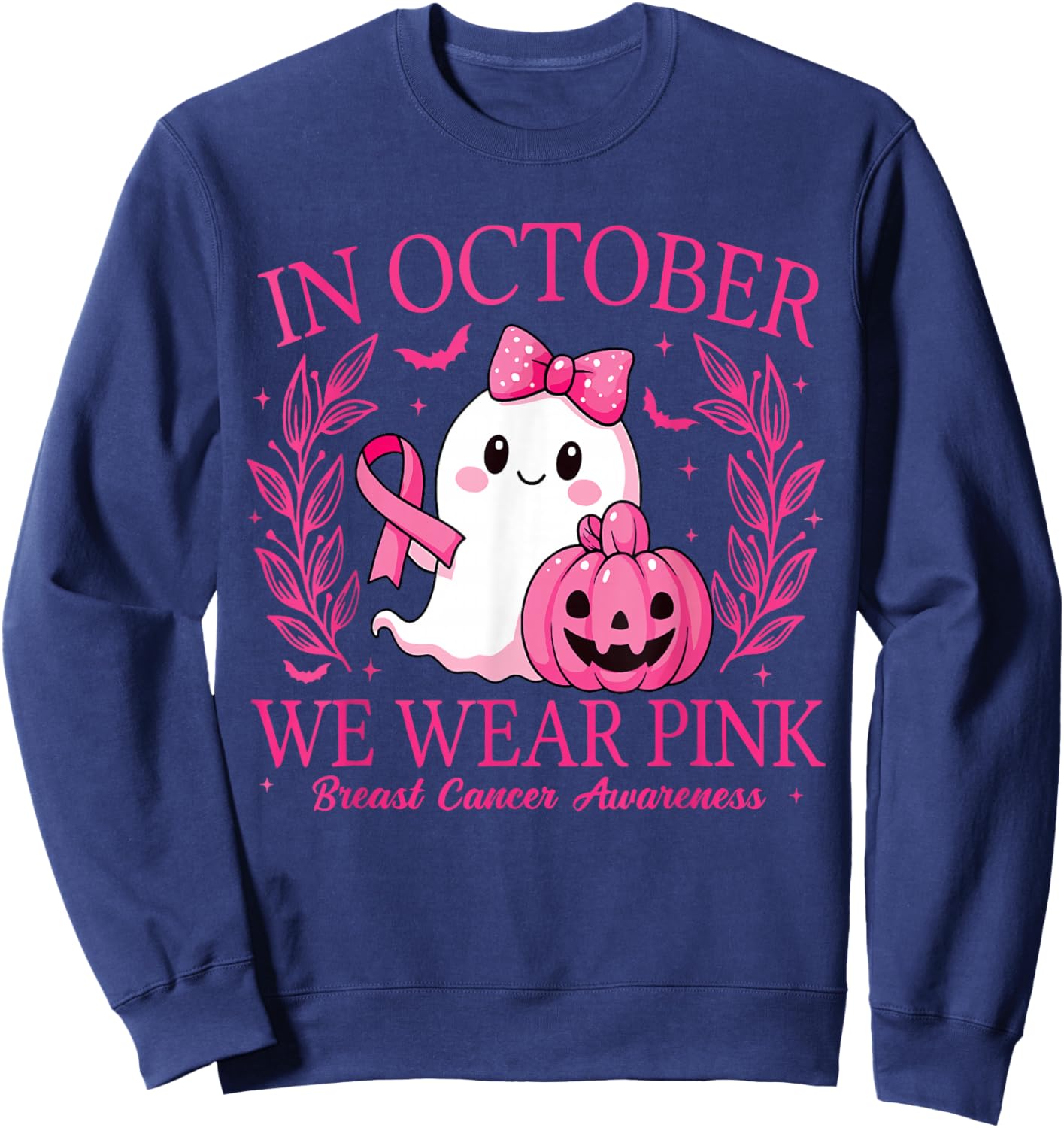 in October We Wear Pink Breast Cancer Awareness Halloween Sweatshirt - Sweatshirt | Navy