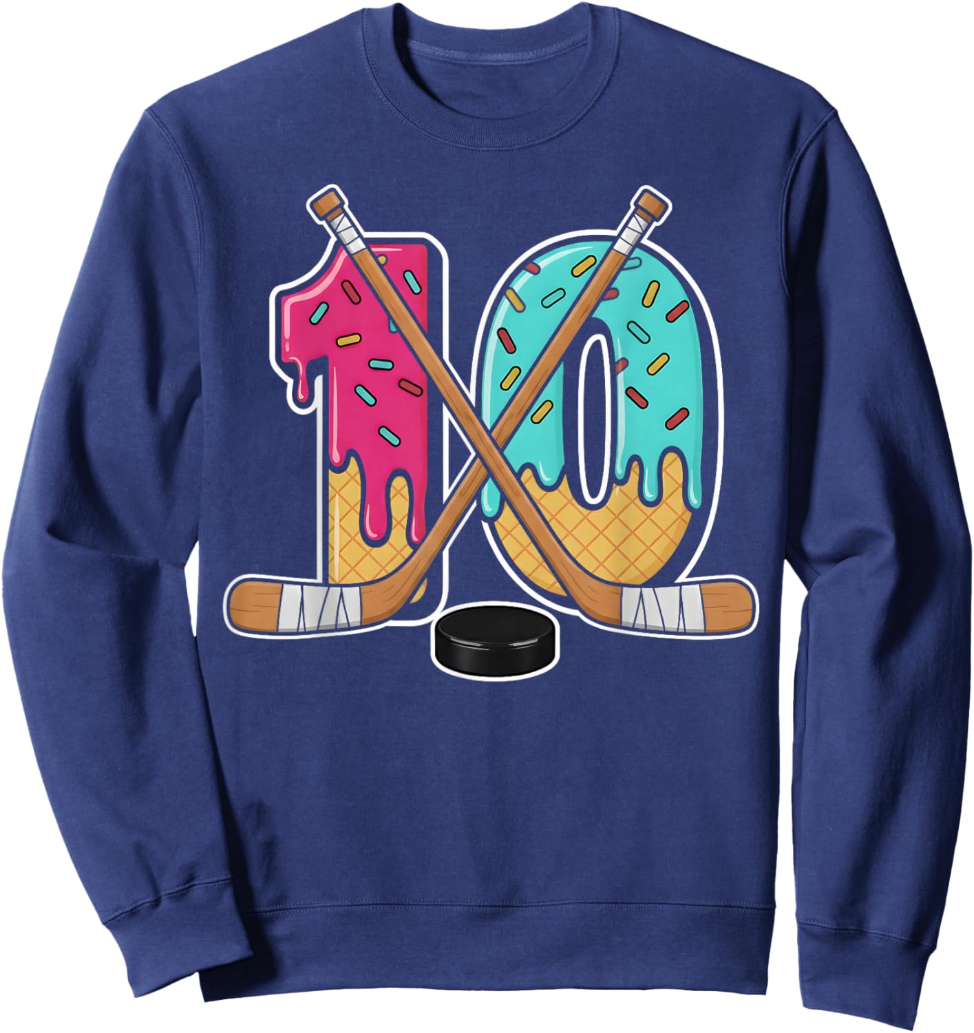 10 Year Old Hockey Ice Cream Drip Youth 10th Birthday Boys Sweatshirt - Sweatshirt | Navy