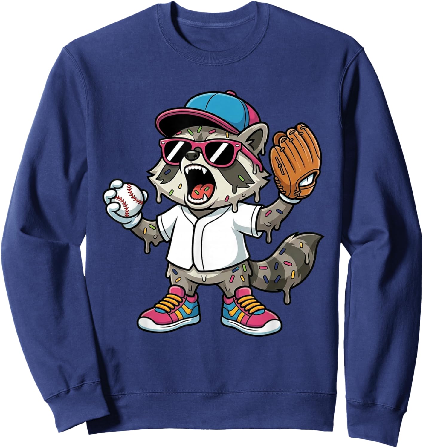 Funny Trash Panda Raccoon Baseball Drip Mascot Kids Sweatshirt - Sweatshirt | Navy