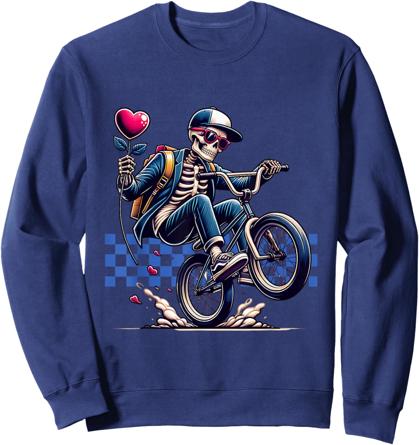 Valentine Boy Skeleton Riding a BMX Bike - Valentine Party Sweatshirt - Sweatshirt | Navy