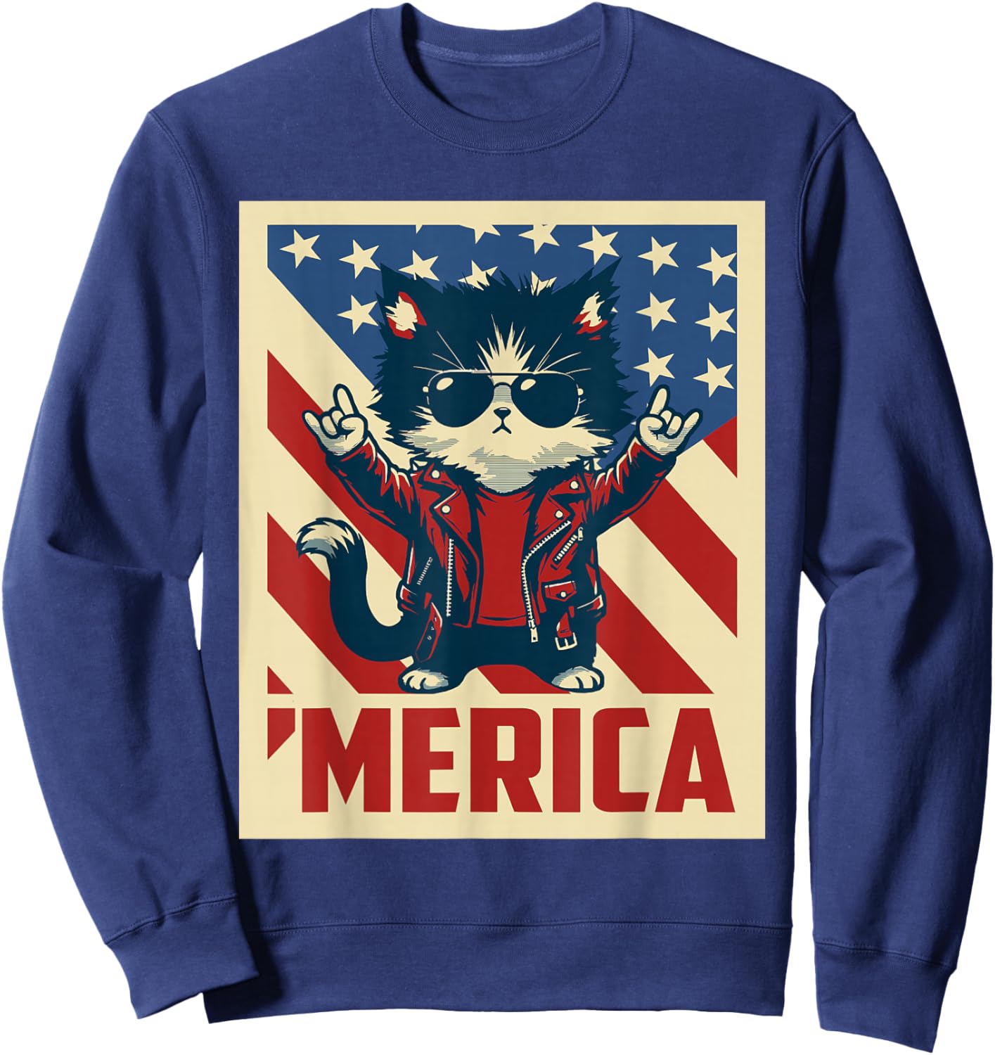 USA Flag Cat 4th of July Men Women Kids Funny Patriotic Sweatshirt - Sweatshirt | Navy