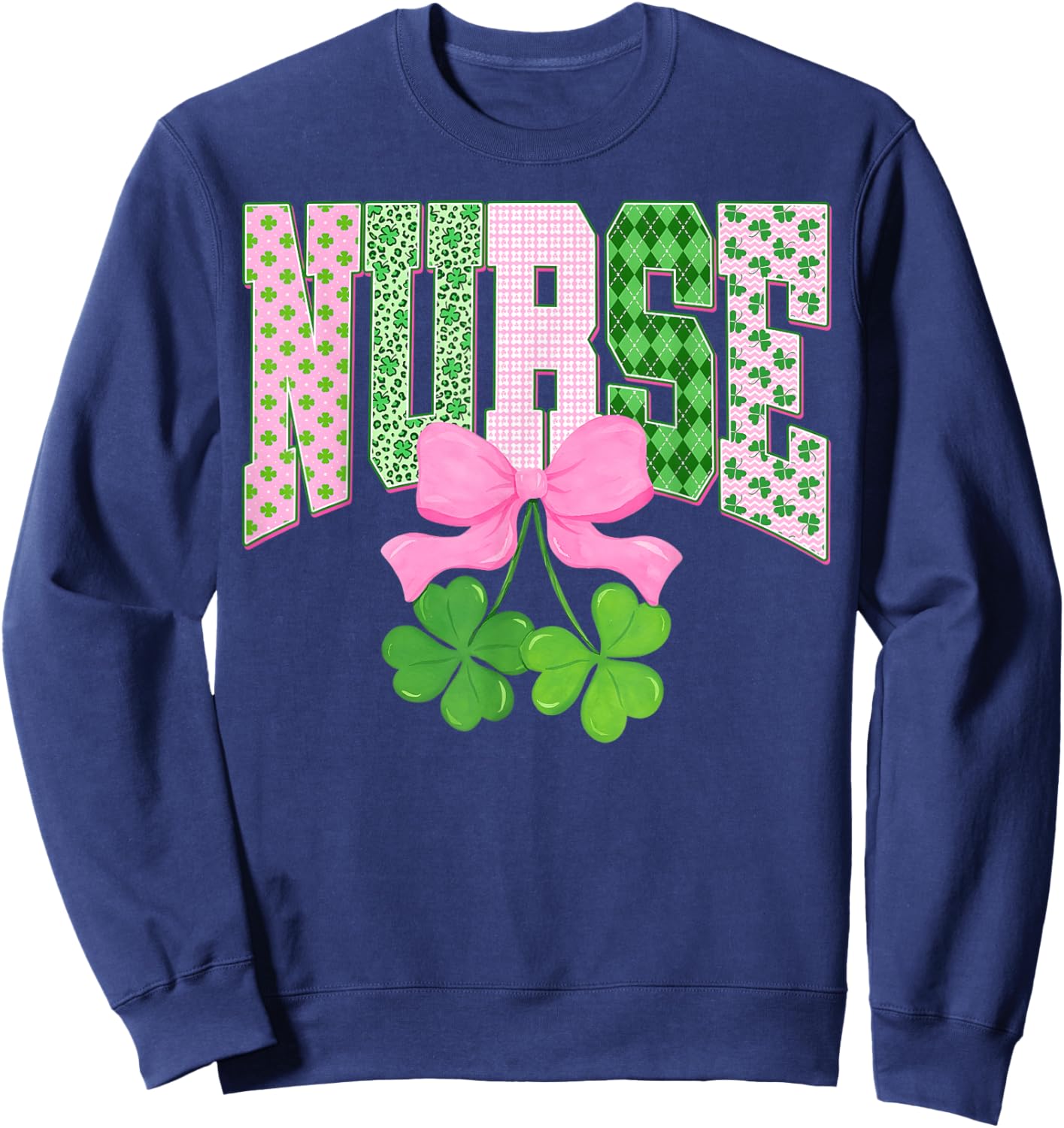 Lucky Shamrock St Patrick's Day Nurse Coquette Bow Sweatshirt - Sweatshirt | Navy